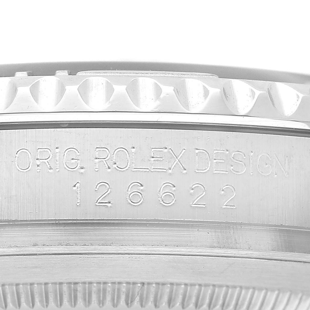 The image shows a close-up of the case side of a Rolex Yacht-Master 116622 Men's Stainless Steel Grey Dial, featuring engraved model number 126622 and "Orig. Rolex Design."