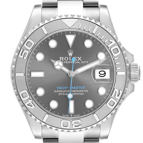 The Rolex Yacht-Master 116622 Men's Stainless Steel Grey Dial watch is shown from the front, highlighting the bezel, dial, hands, and date window.
