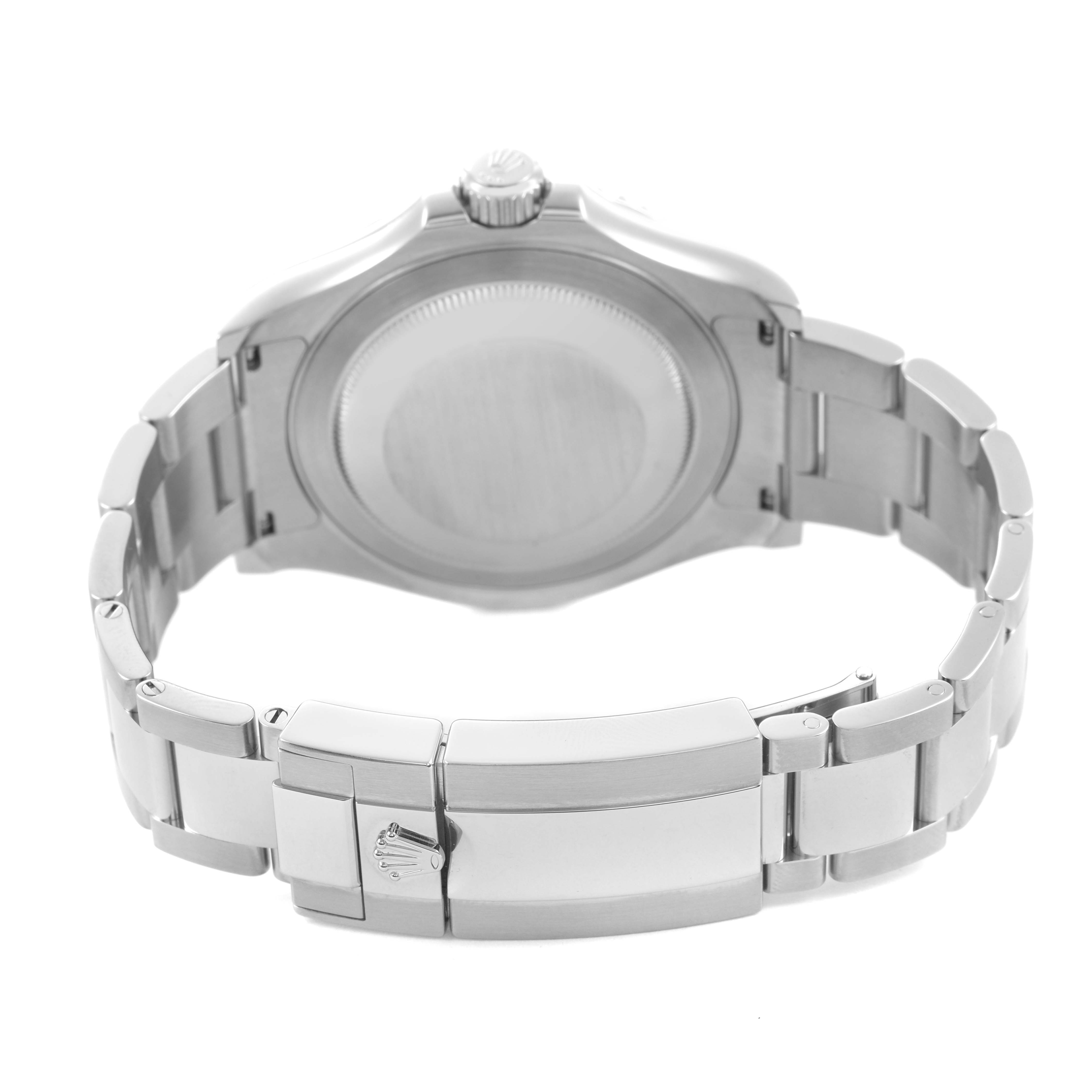 The image shows the back and bracelet of the Rolex Yacht-Master 116622 Men's Stainless Steel Grey Dial, highlighting the clasp and case back with a view from behind.