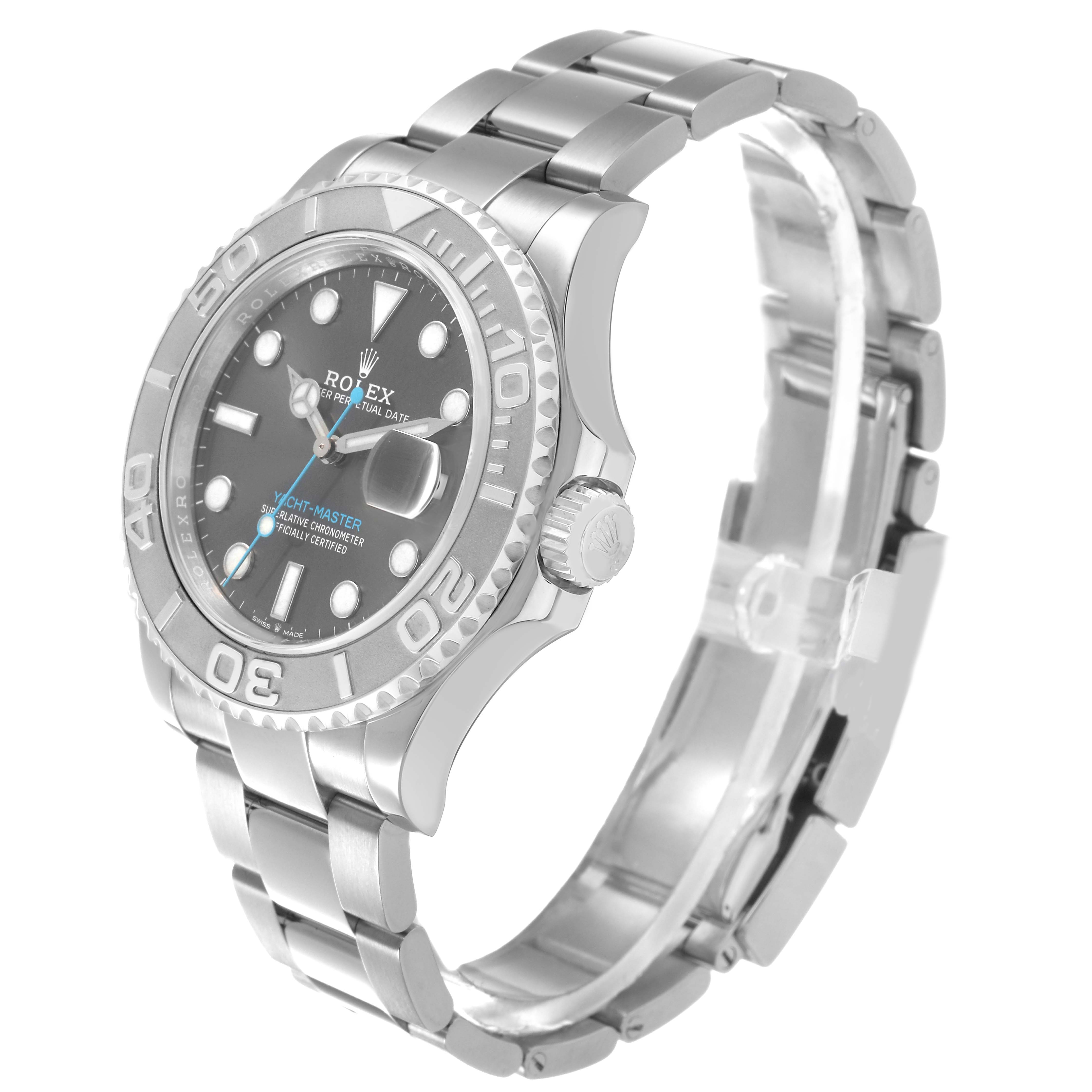 The Rolex Yacht-Master 116622 Men's Stainless Steel Grey Dial watch is shown at a three-quarter angle, highlighting the bezel, dial, and bracelet.