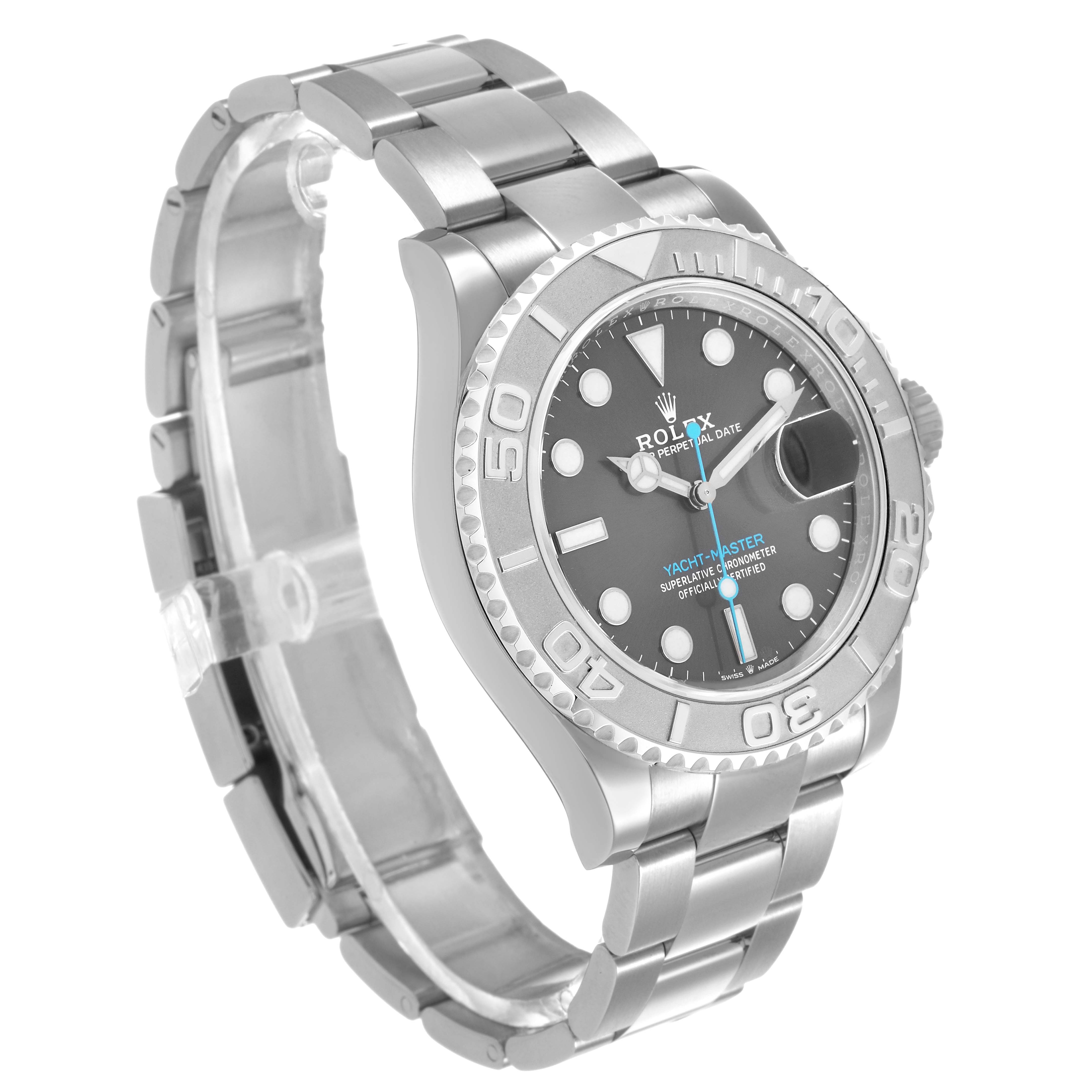 The image shows the Rolex Yacht-Master 116622 Men's Stainless Steel Grey Dial watch from a side angle, highlighting the case, bezel, dial, and bracelet.