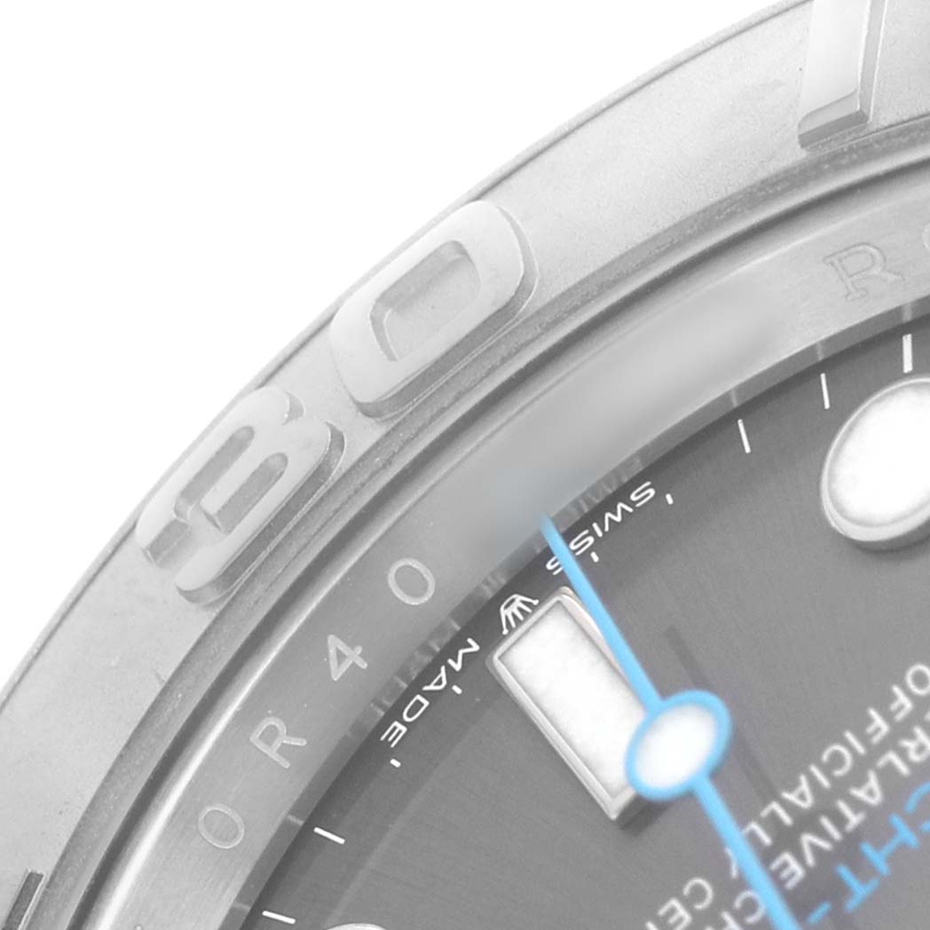 The image shows a close-up of a Rolex Yacht-Master 116622 Men's Stainless Steel Grey Dial watch, focusing on the bezel with "40" marking, and part of the dial.