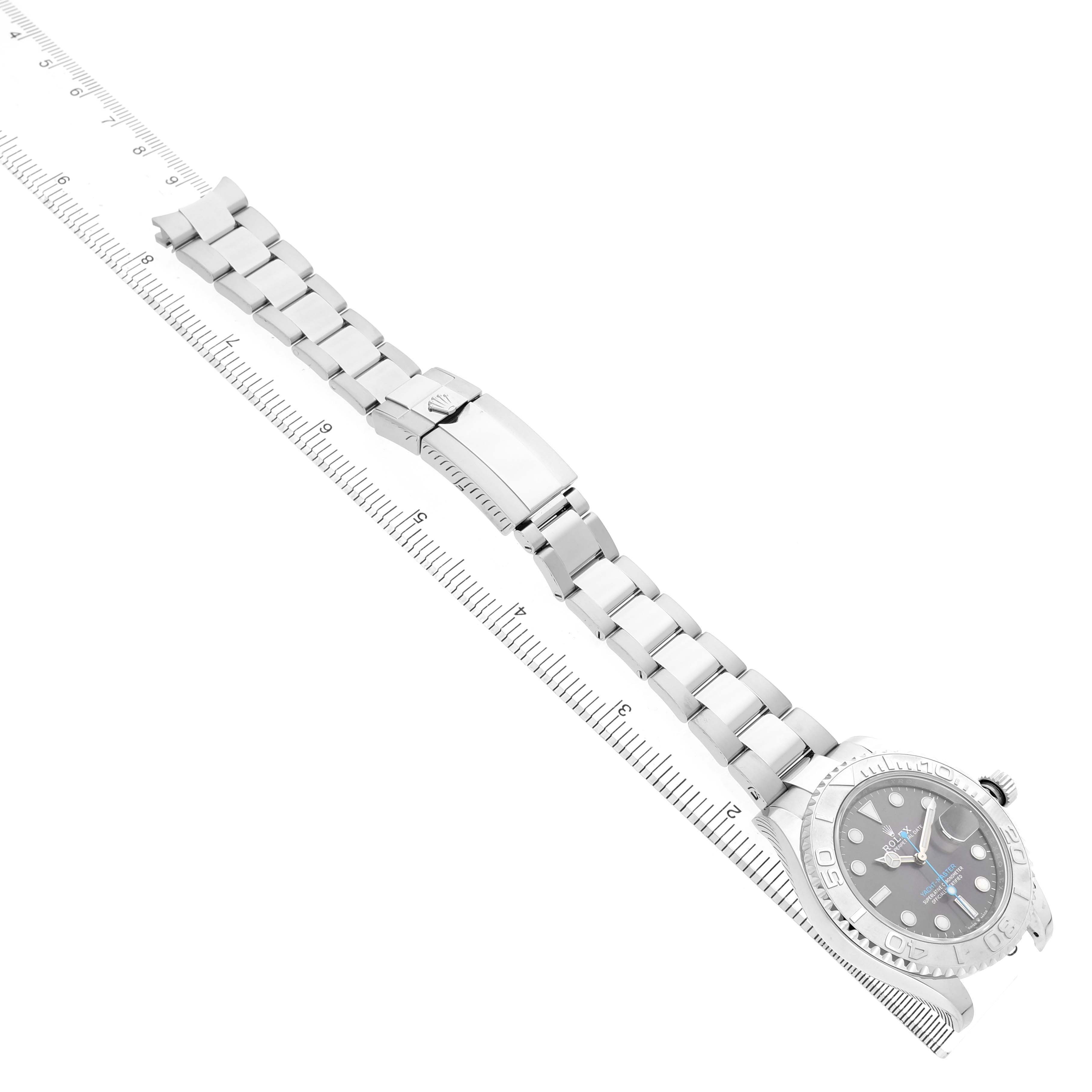 The Rolex Yacht-Master 116622 Men's Stainless Steel Grey Dial watch is shown at an angle highlighting the face, bezel, and entire metal bracelet with a clasp.