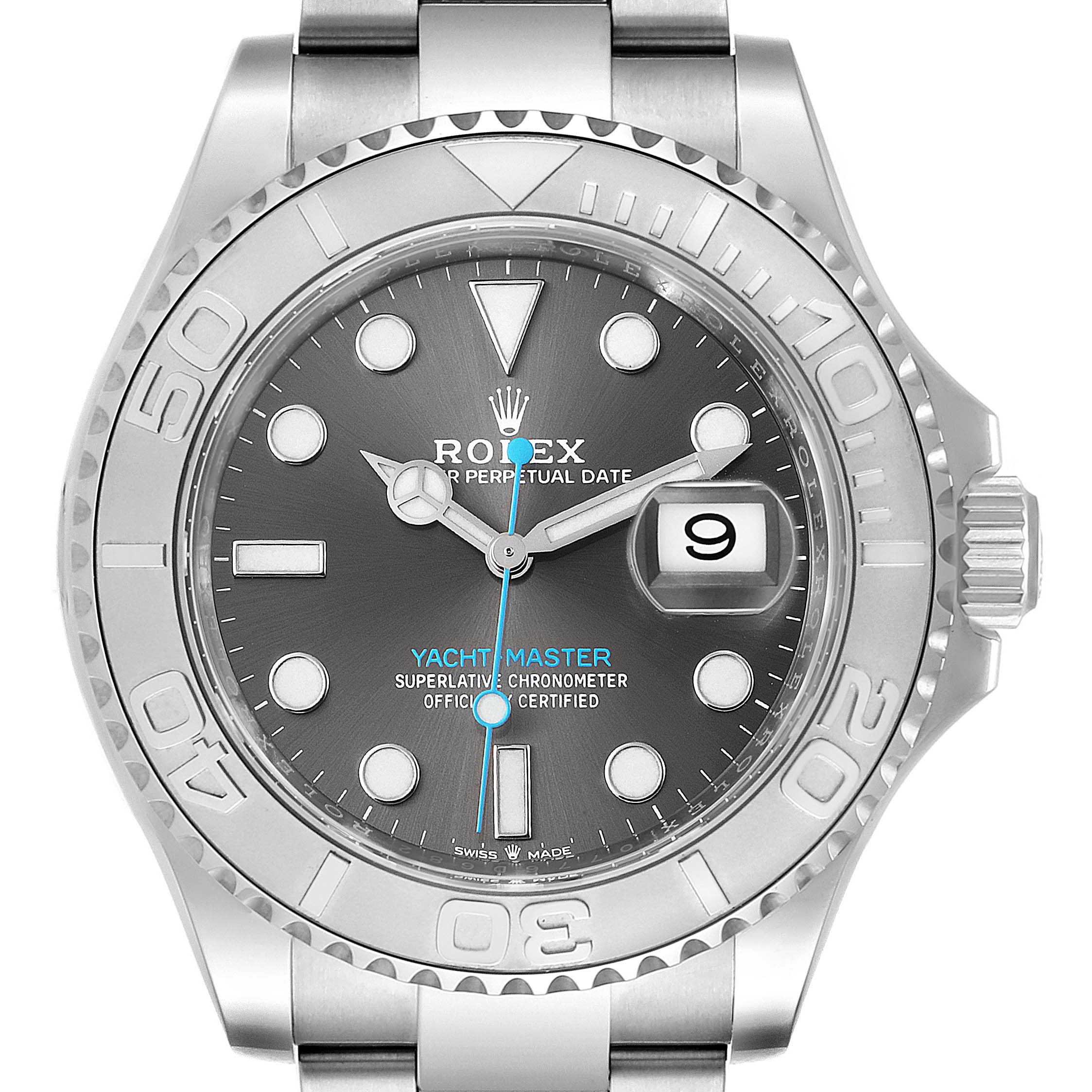 The image shows a Rolex Yacht-Master 126622 Men
s Stainless Steel Grey Dial 126622 Men
s Stainless Steel Grey Dial watch from the front, displaying the dial, bezel, and part of the bracelet.