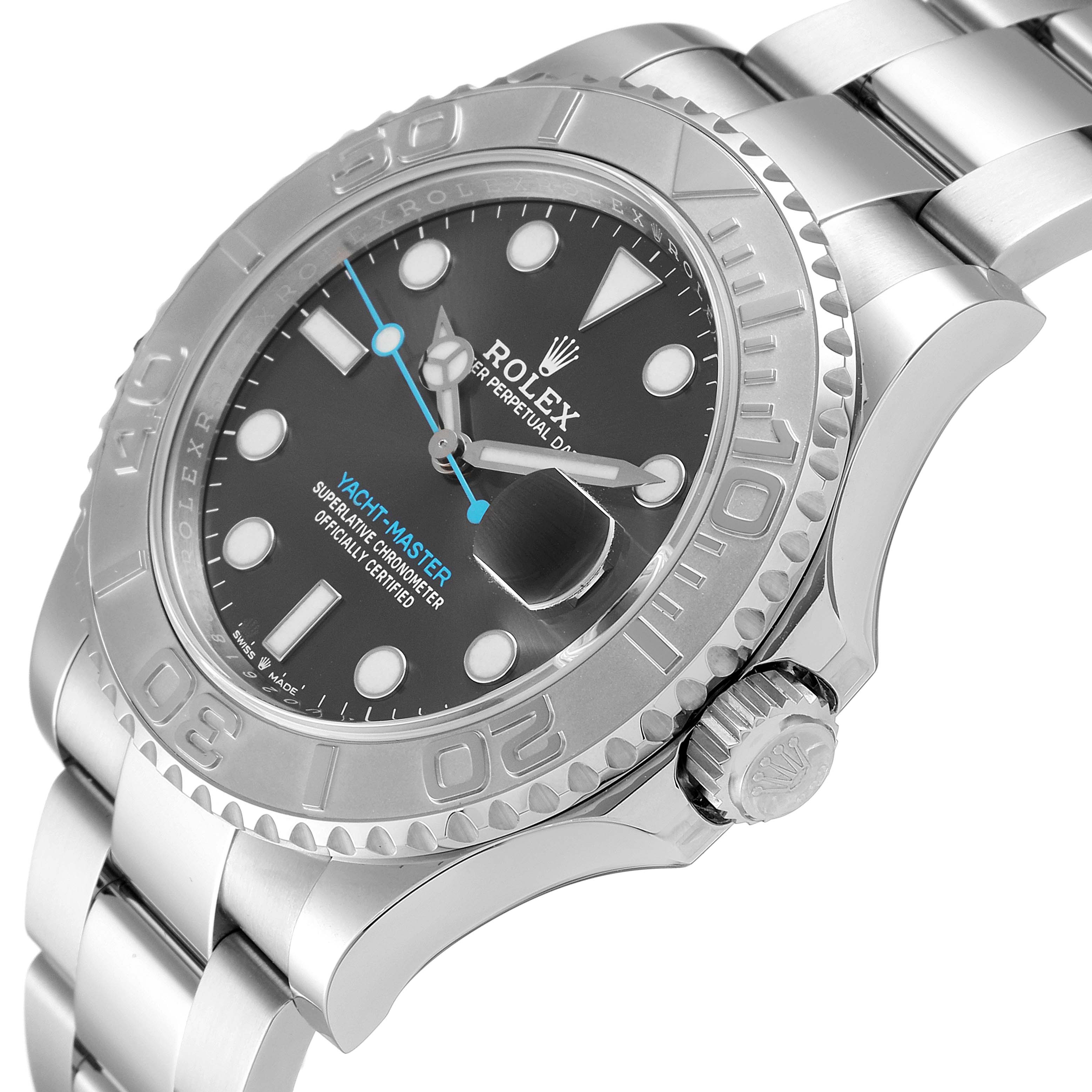 The image shows a close-up angled view of the Rolex Yacht-Master 126622 Men
s Stainless Steel Grey Dial 126622 Men
s Stainless Steel Grey Dial watch, highlighting the bezel, dial, crown, and bracelet.