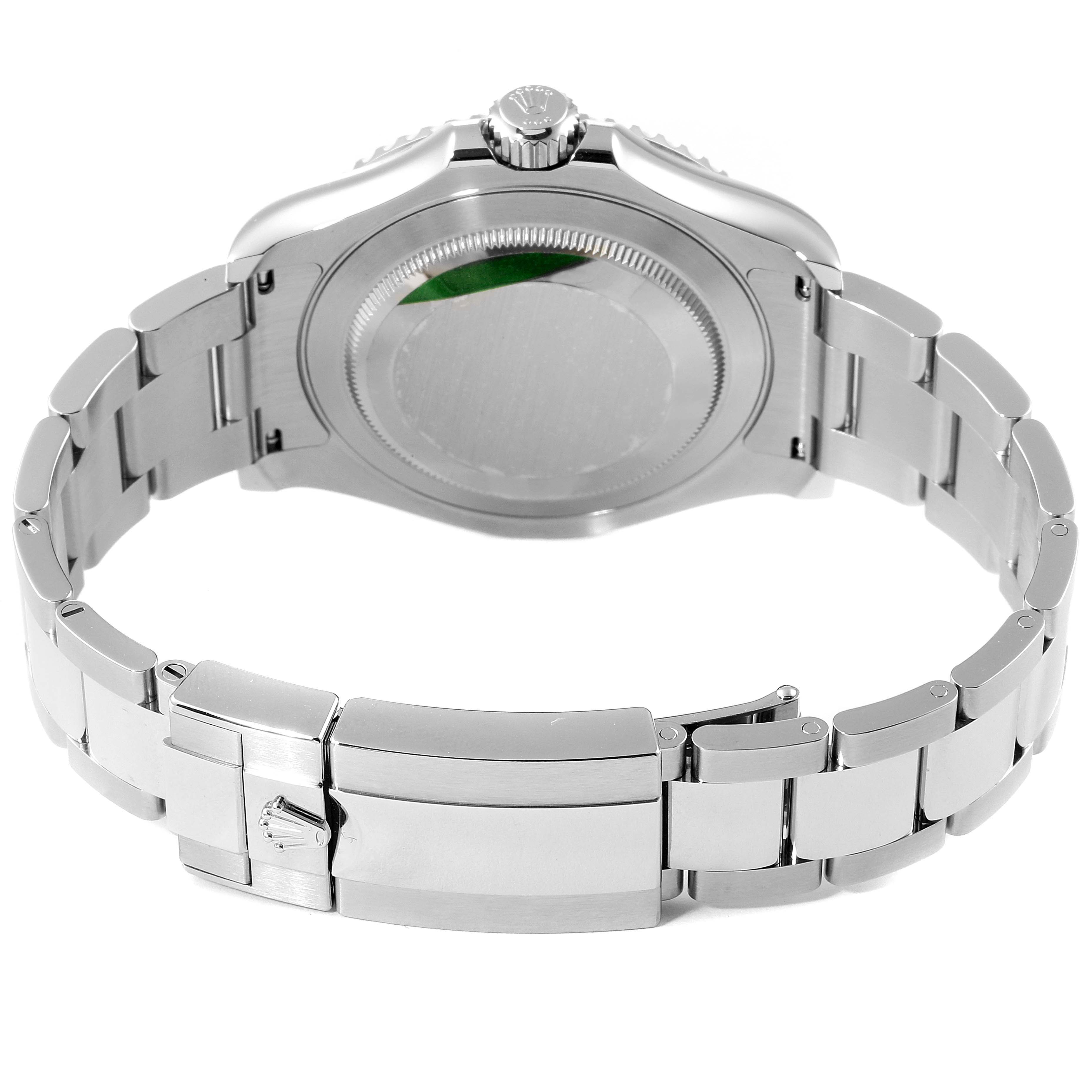 This image shows the back view of a Rolex Yacht-Master 126622 Men
s Stainless Steel Grey Dial 126622 Men
s Stainless Steel Grey Dial watch, focusing on the case back and the bracelet with its clasp.