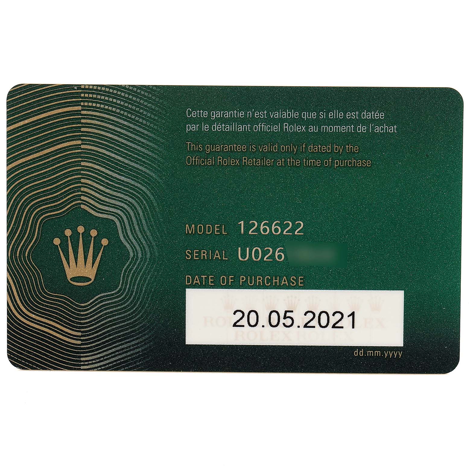 This image shows the warranty card for a Rolex Yacht-Master 126622 Men
s Stainless Steel Grey Dial 126622 Men
s Stainless Steel Grey Dial model 126622.