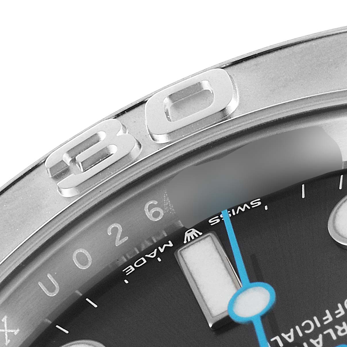 This close-up image of a Rolex Yacht-Master 126622 Men
s Stainless Steel Grey Dial 126622 Men
s Stainless Steel Grey Dial watch shows part of the bezel with the number "30" and the dial with a blue hand.