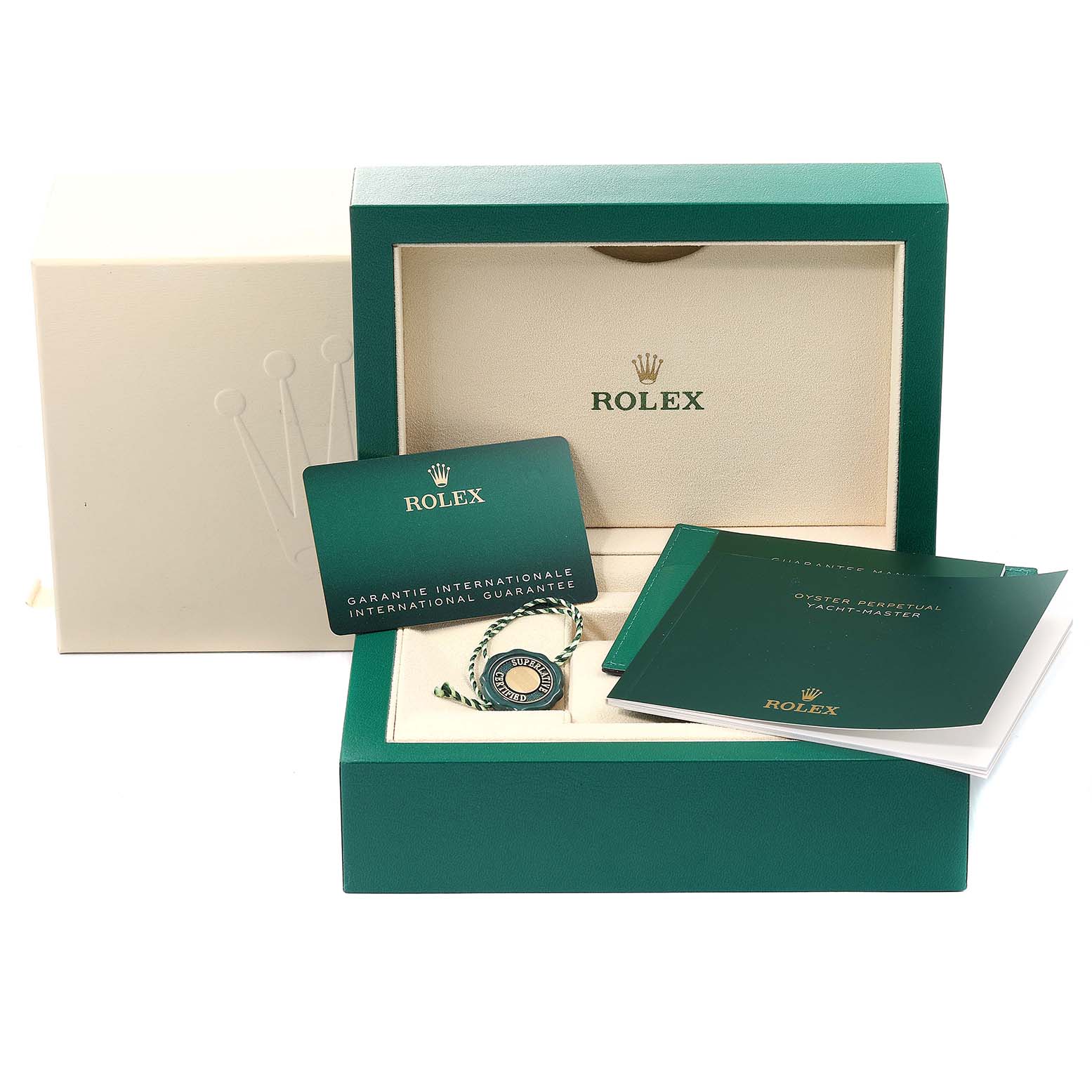 The image shows the packaging and accessories, including a guarantee card and booklet, for a Rolex Yacht-Master 126622 Men
s Stainless Steel Grey Dial 126622 Men
s Stainless Steel Grey Dial watch.