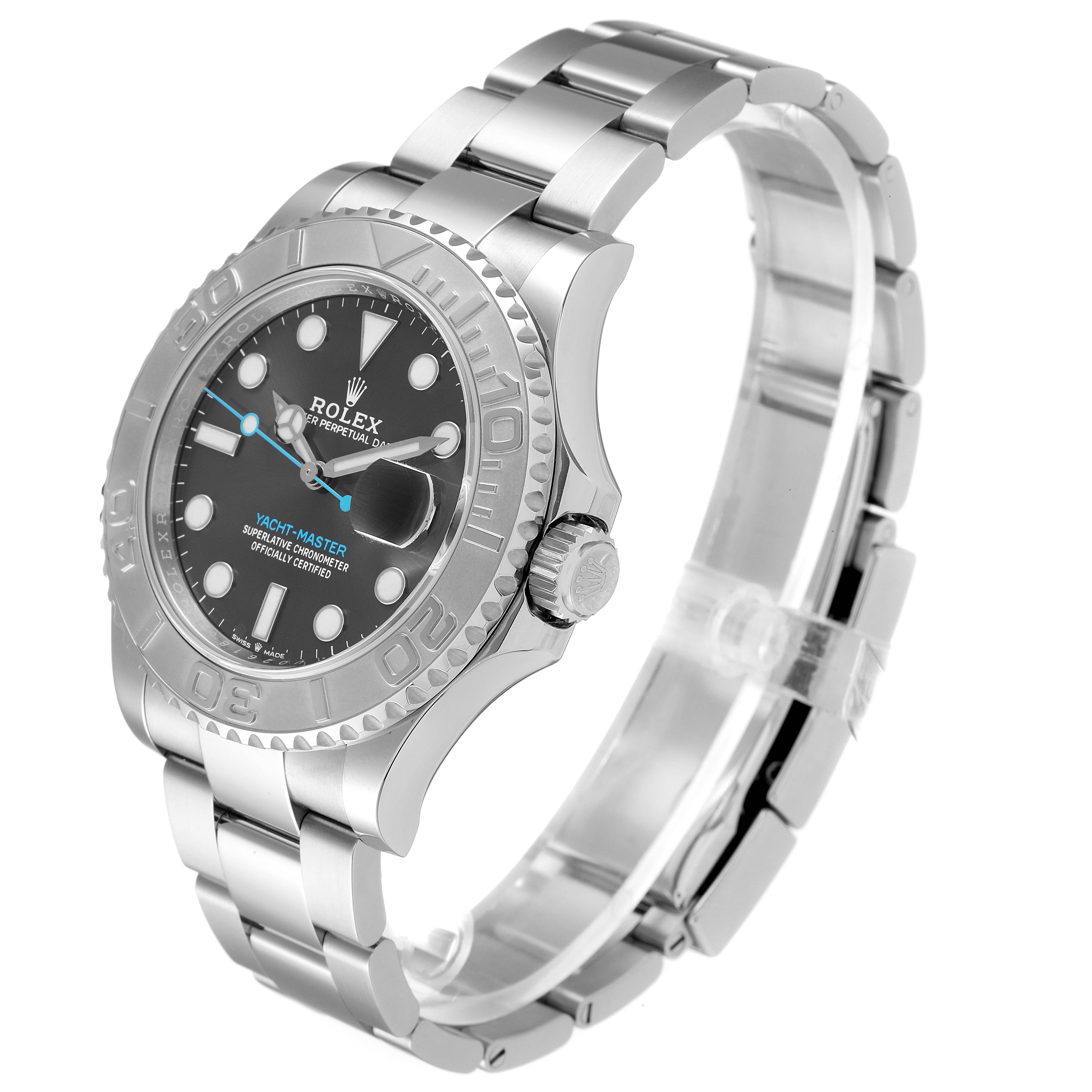 This image shows the Rolex Yacht-Master 126622 Men
s Stainless Steel Grey Dial 126622 Men
s Stainless Steel Grey Dial watch at an angle displaying the face, bezel, case, crown, and bracelet.