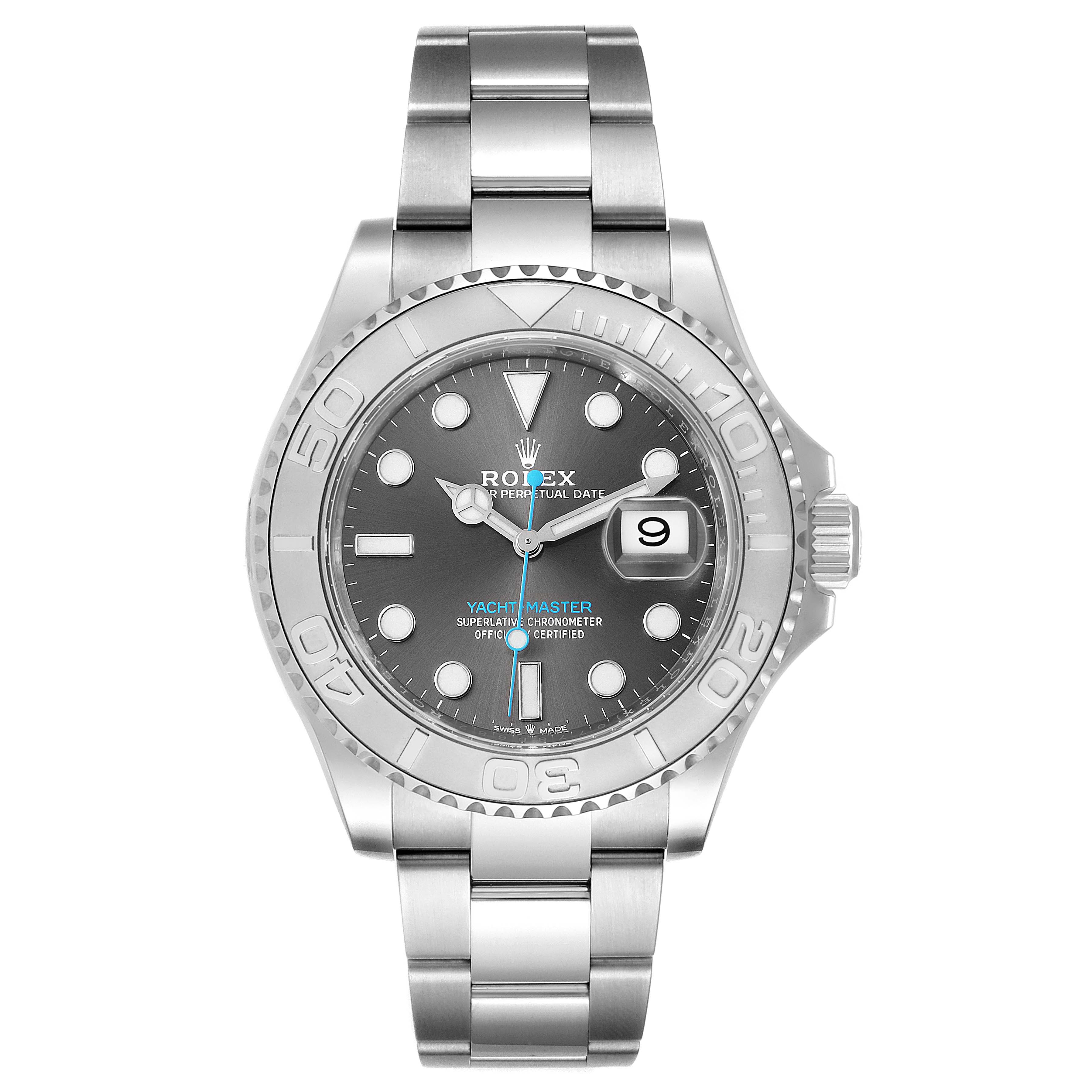 The Rolex Yacht-Master 126622 Men
s Stainless Steel Grey Dial 126622 Men
s Stainless Steel Grey Dial is shown from the front, displaying the dial, bezel, bracelet, and date window.