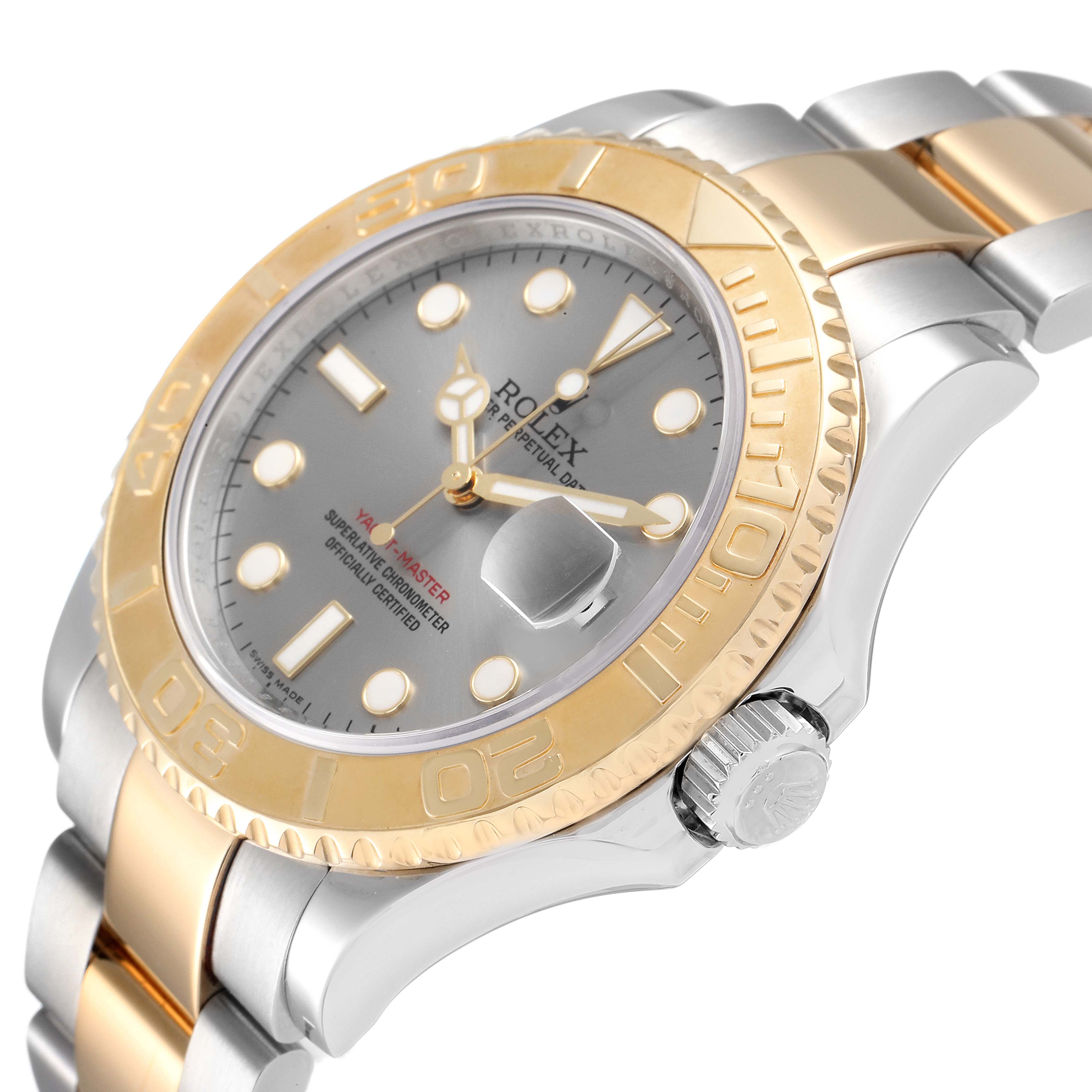 This image shows a close-up, angled view of the dial, bezel, crown, and part of the bracelet of a Rolex Yacht-Master 16623 Men
s Steel and Gold (two tone) Grey Dial 16623 Men
s Steel and Gold (two tone) Grey Dial watch.