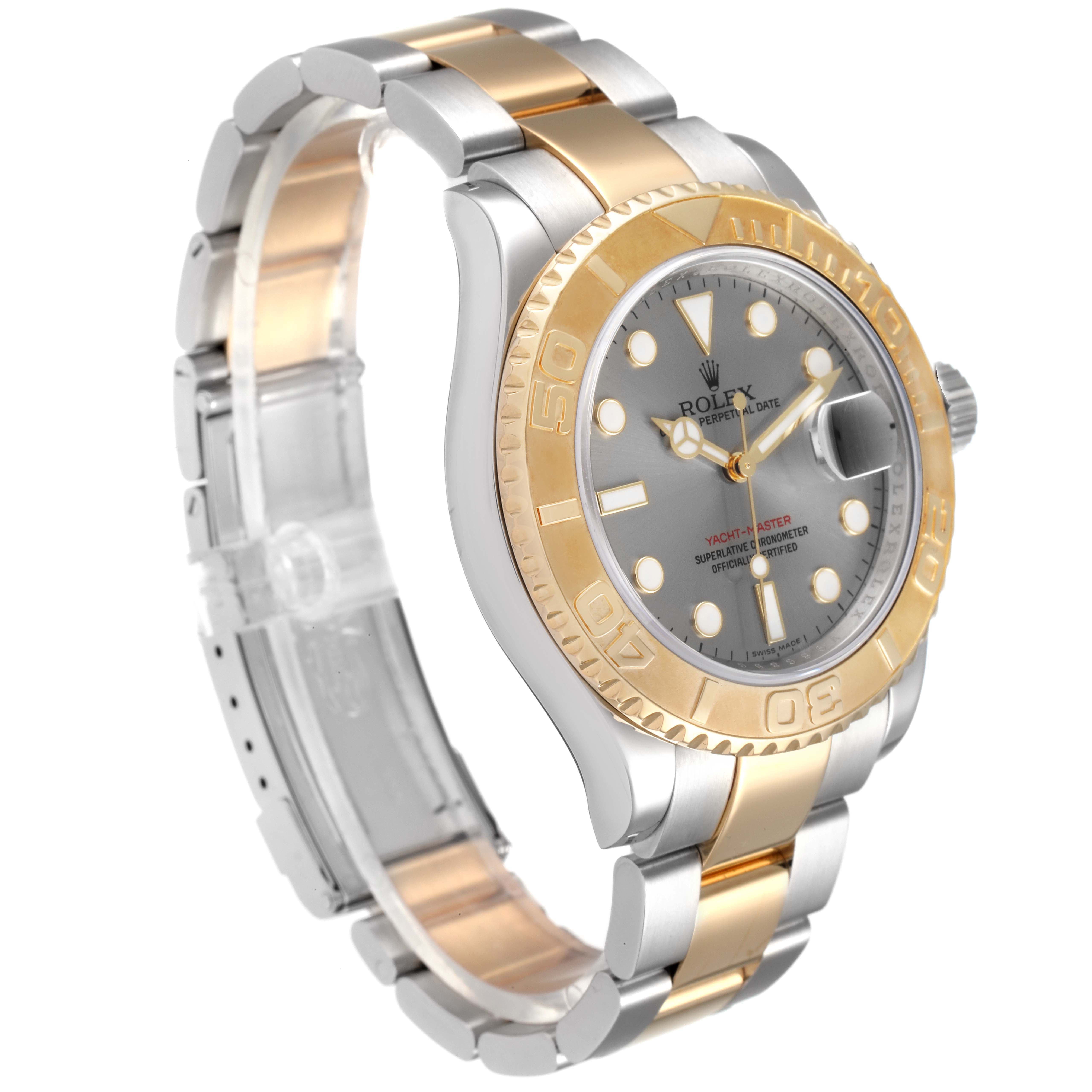 The Rolex Yacht-Master 16623 Men
s Steel and Gold (two tone) Grey Dial 16623 Men
s Steel and Gold (two tone) Grey Dial watch is shown at a three-quarter angle, highlighting the dial, bezel, and bracelet.