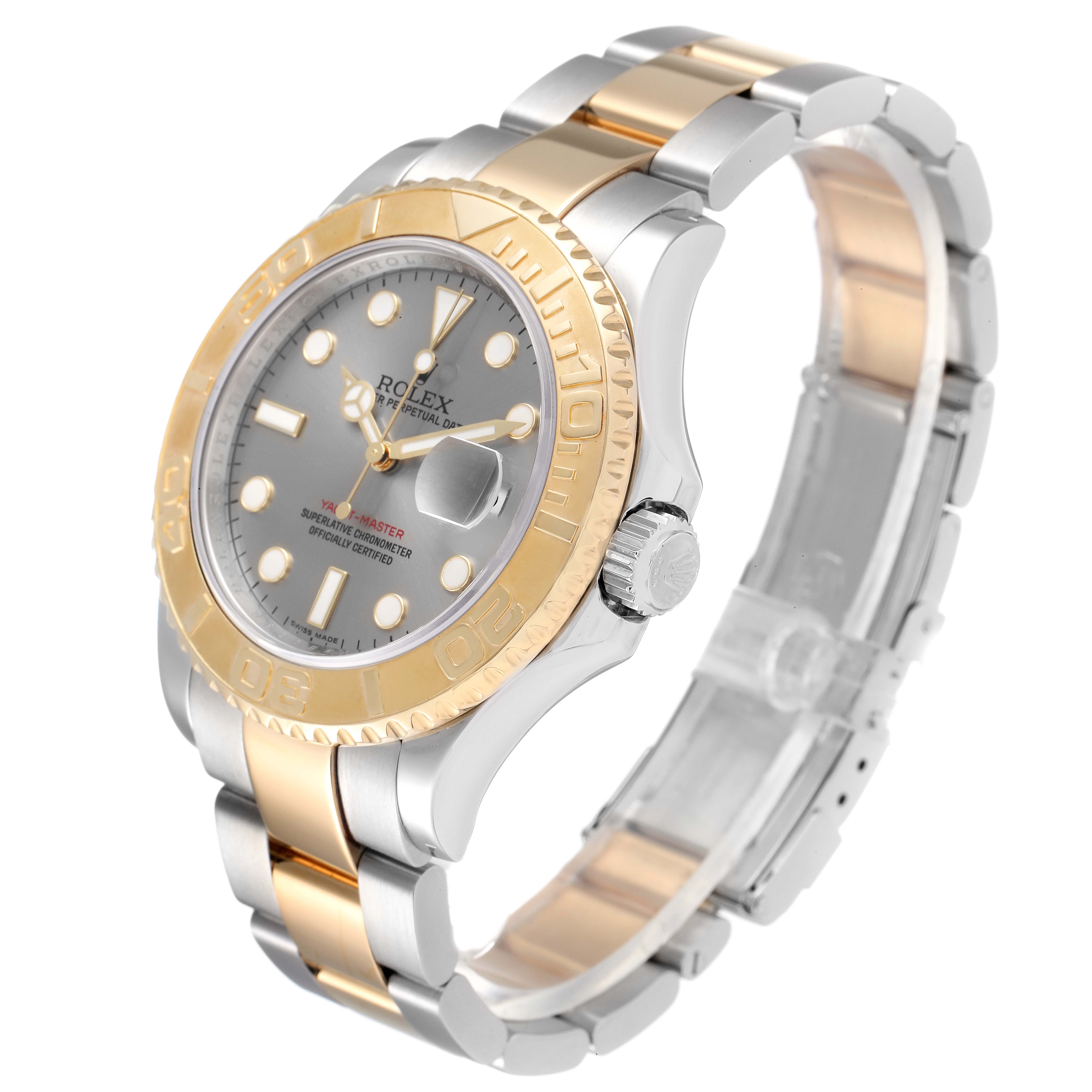 This image shows a Rolex Yacht-Master 16623 Men
s Steel and Gold (two tone) Grey Dial 16623 Men
s Steel and Gold (two tone) Grey Dial watch from a front angle, highlighting the bezel, dial, and bracelet.