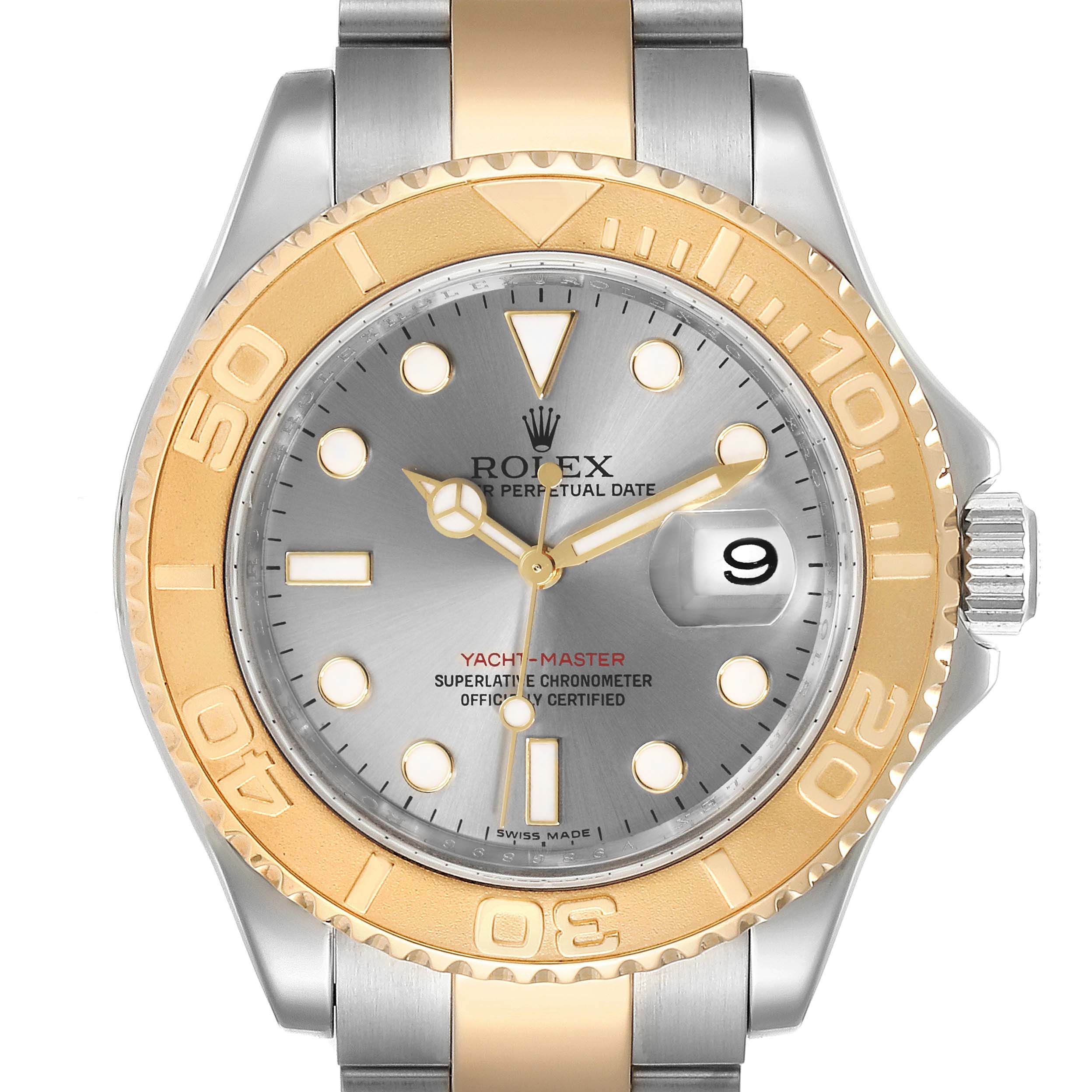 The image shows a front view of a Rolex Yacht-Master 16623 Men
s Steel and Gold (two tone) Grey Dial 16623 Men
s Steel and Gold (two tone) Grey Dial watch, highlighting its dial, bezel, and part of the bracelet.