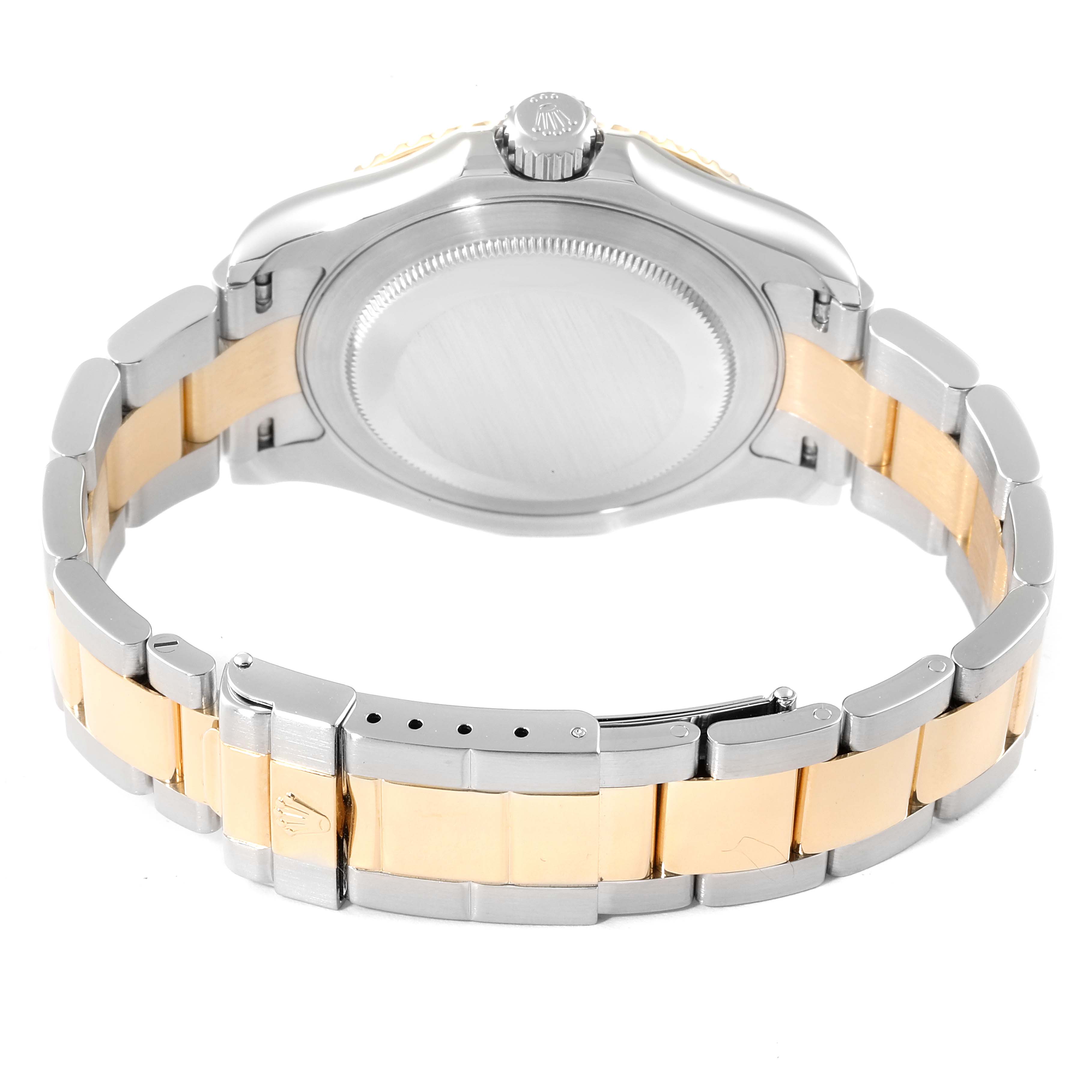 This Rolex Yacht-Master 16623 Men
s Steel and Gold (two tone) Grey Dial 16623 Men
s Steel and Gold (two tone) Grey Dial watch is shown from the rear, displaying the case back and two-tone bracelet.