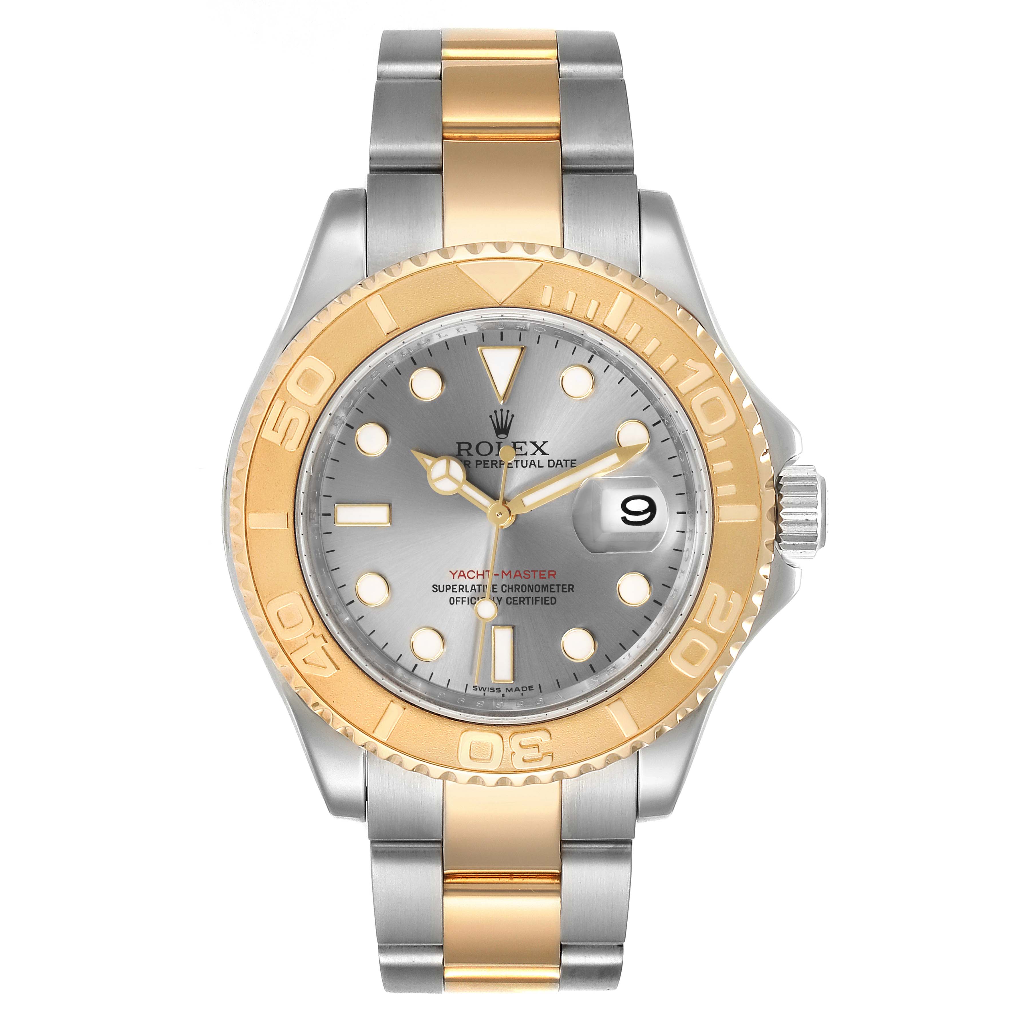The image shows a front view of a Rolex Yacht-Master 16623 Men
s Steel and Gold (two tone) Grey Dial 16623 Men
s Steel and Gold (two tone) Grey Dial watch, displaying its face, bezel, crown, and two-tone bracelet.
