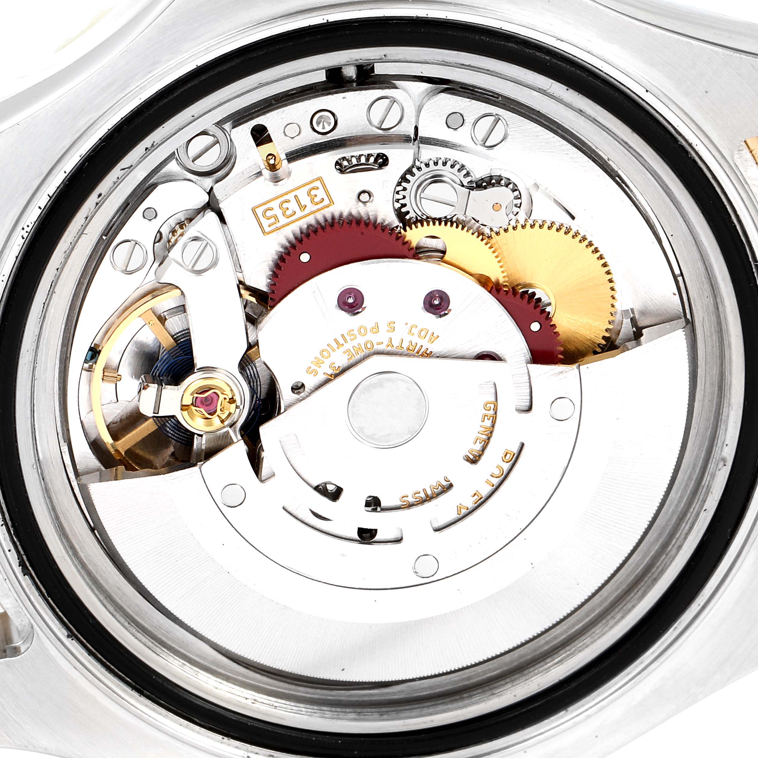 This is a close-up view of the internal mechanism of a Rolex Yacht-Master 16623 Men
s Steel and Gold (two tone) Grey Dial 16623 Men
s Steel and Gold (two tone) Grey Dial watch, showing its intricate gears and components.