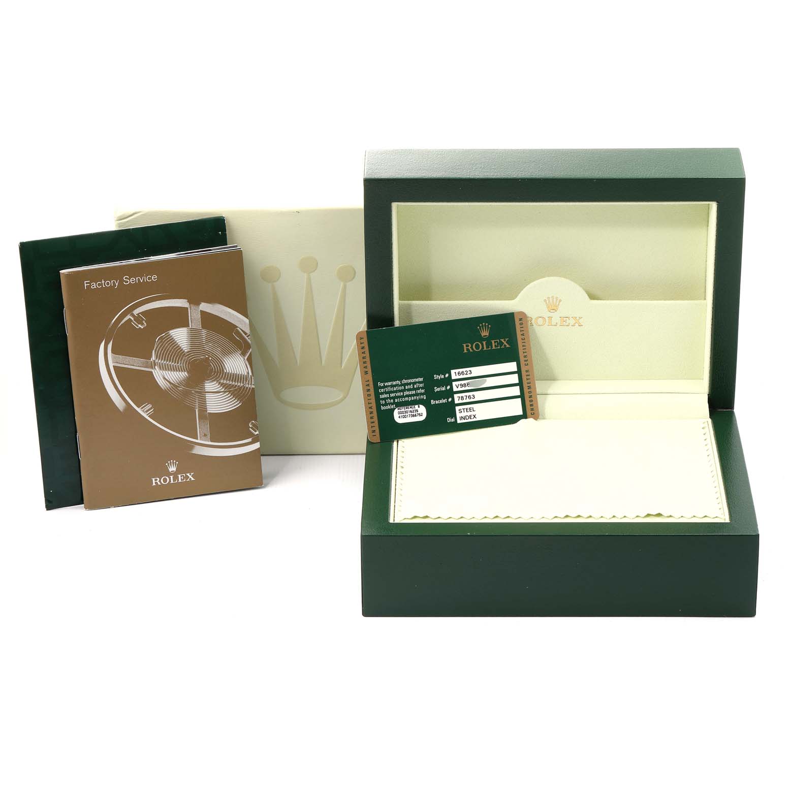 This image shows the packaging, manuals, and certification card for a Rolex Yacht-Master 16623 Men
s Steel and Gold (two tone) Grey Dial 16623 Men
s Steel and Gold (two tone) Grey Dial model.