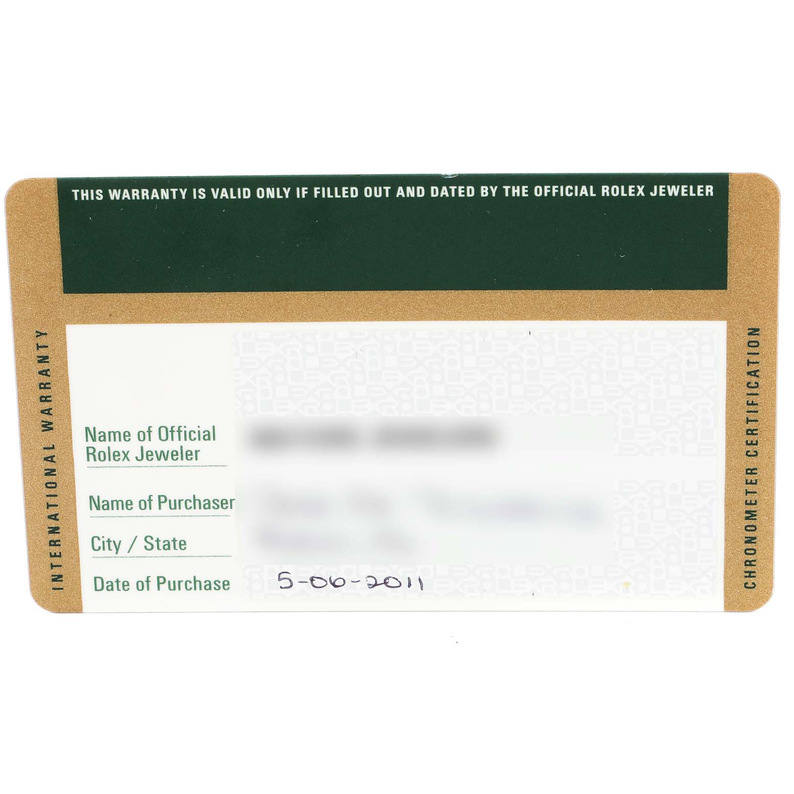 The image shows the front side of the international warranty card for the Rolex Yacht-Master 16623 Men
s Steel and Gold (two tone) Grey Dial 16623 Men
s Steel and Gold (two tone) Grey Dial model.