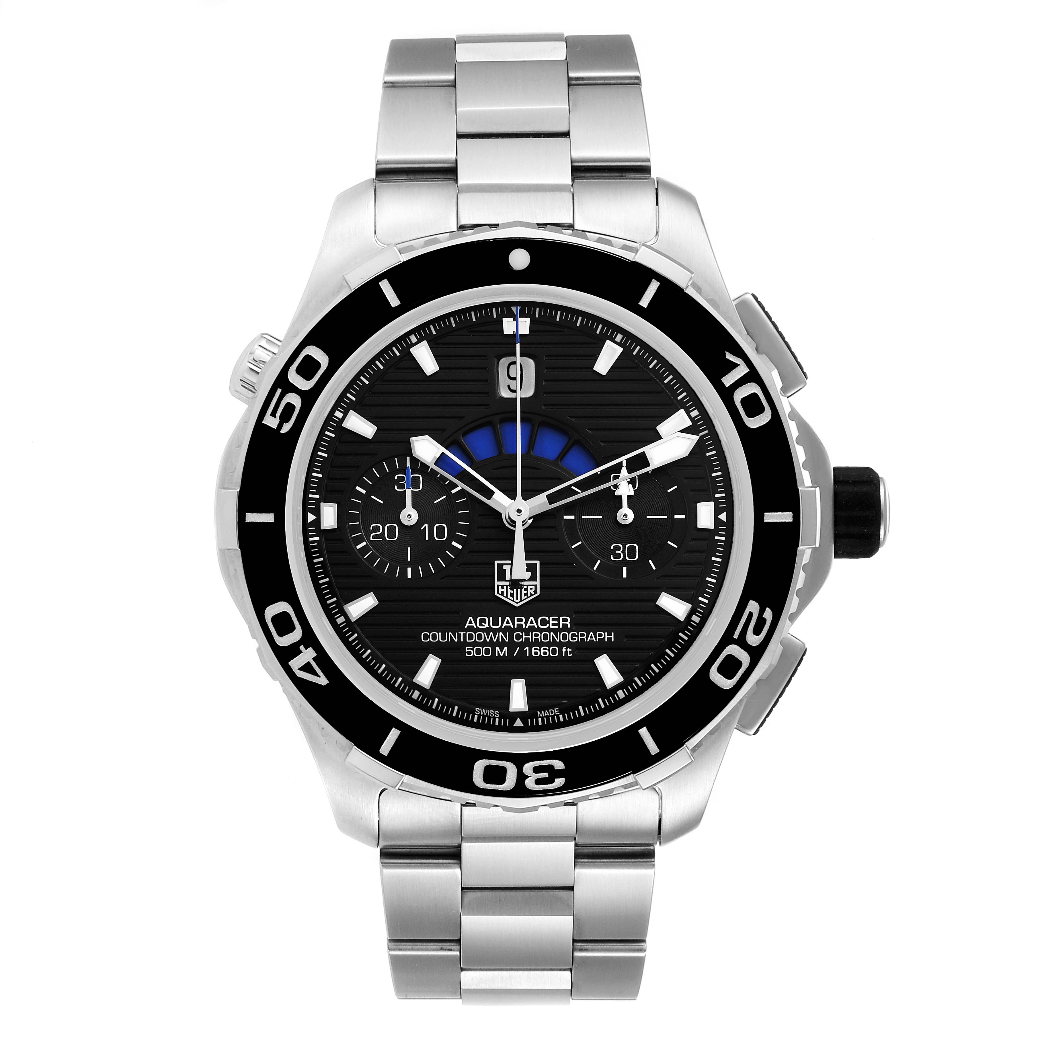 The image shows a front view of the Tag Heuer Aquaracer CAK211A Men's Stainless Steel Black Dial CAK211A Men's Stainless Steel Black Dial watch, showcasing its face, bezel, and bracelet.