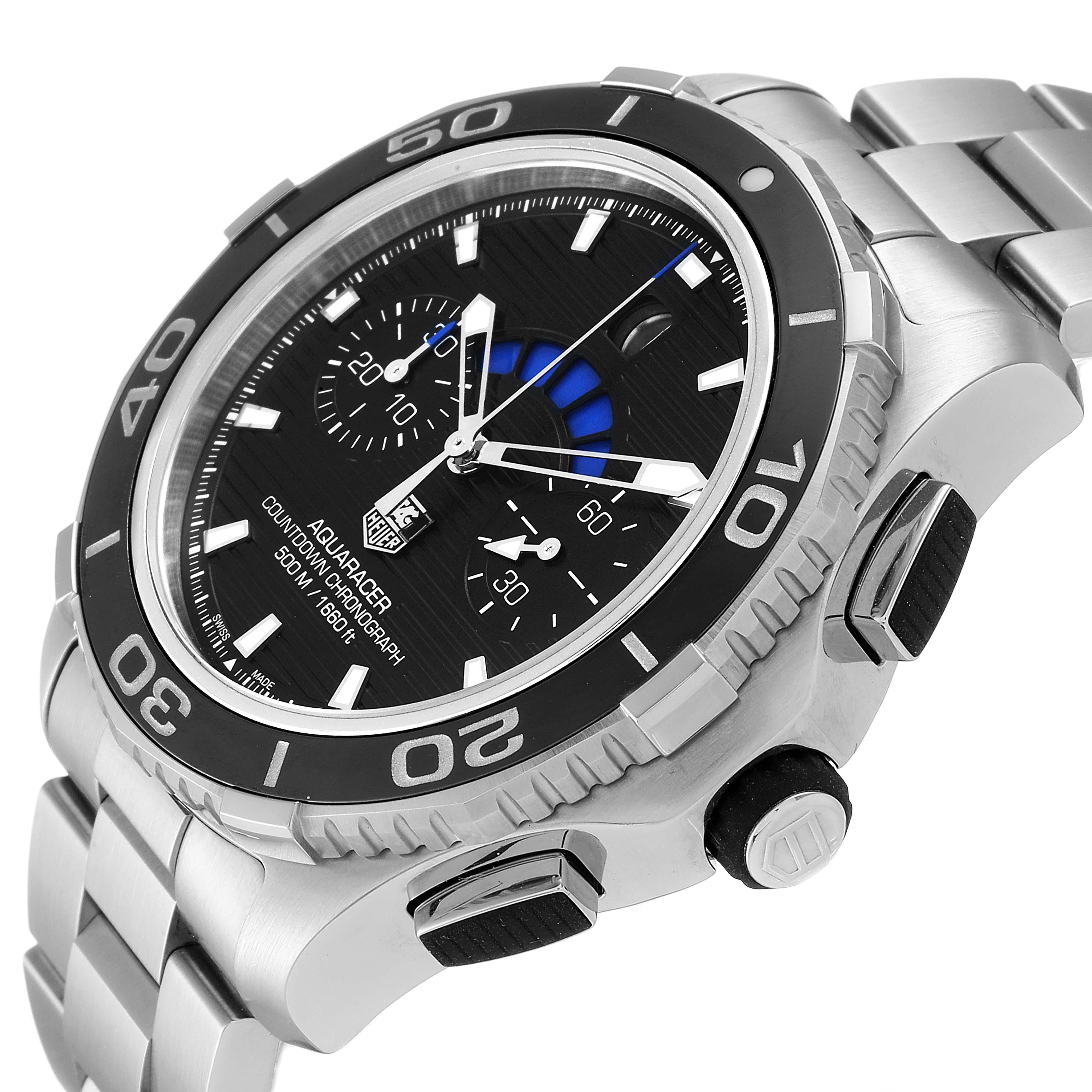 This image shows a Tag Heuer Aquaracer CAK211A Men's Stainless Steel Black Dial CAK211A Men's Stainless Steel Black Dial watch from an angled side view, highlighting the bezel, crown, pushers, and part of the bracelet.