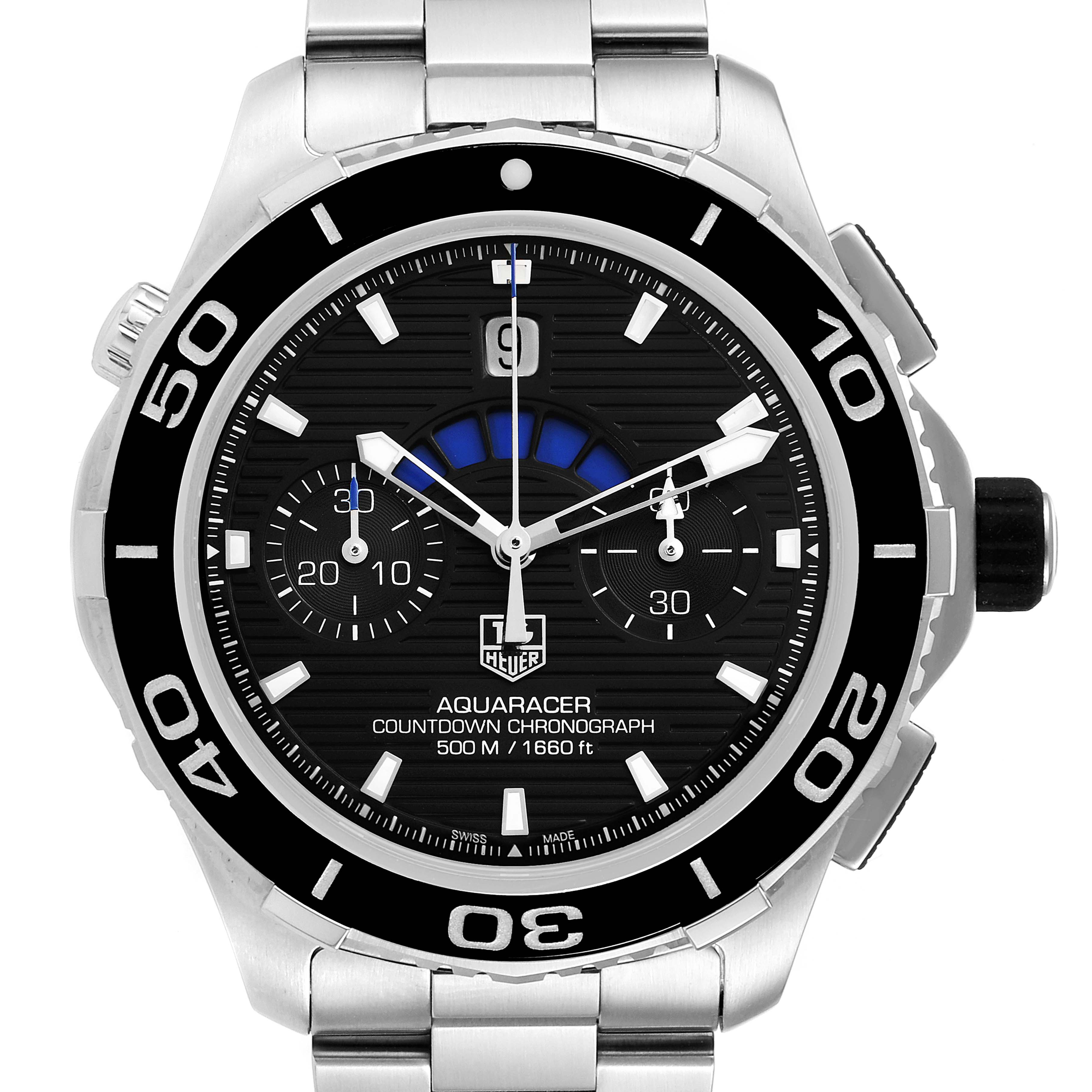 This image shows a front view of the Tag Heuer Aquaracer CAK211A Men's Stainless Steel Black Dial CAK211A Men's Stainless Steel Black Dial watch, highlighting the bezel, dial, and subdials.