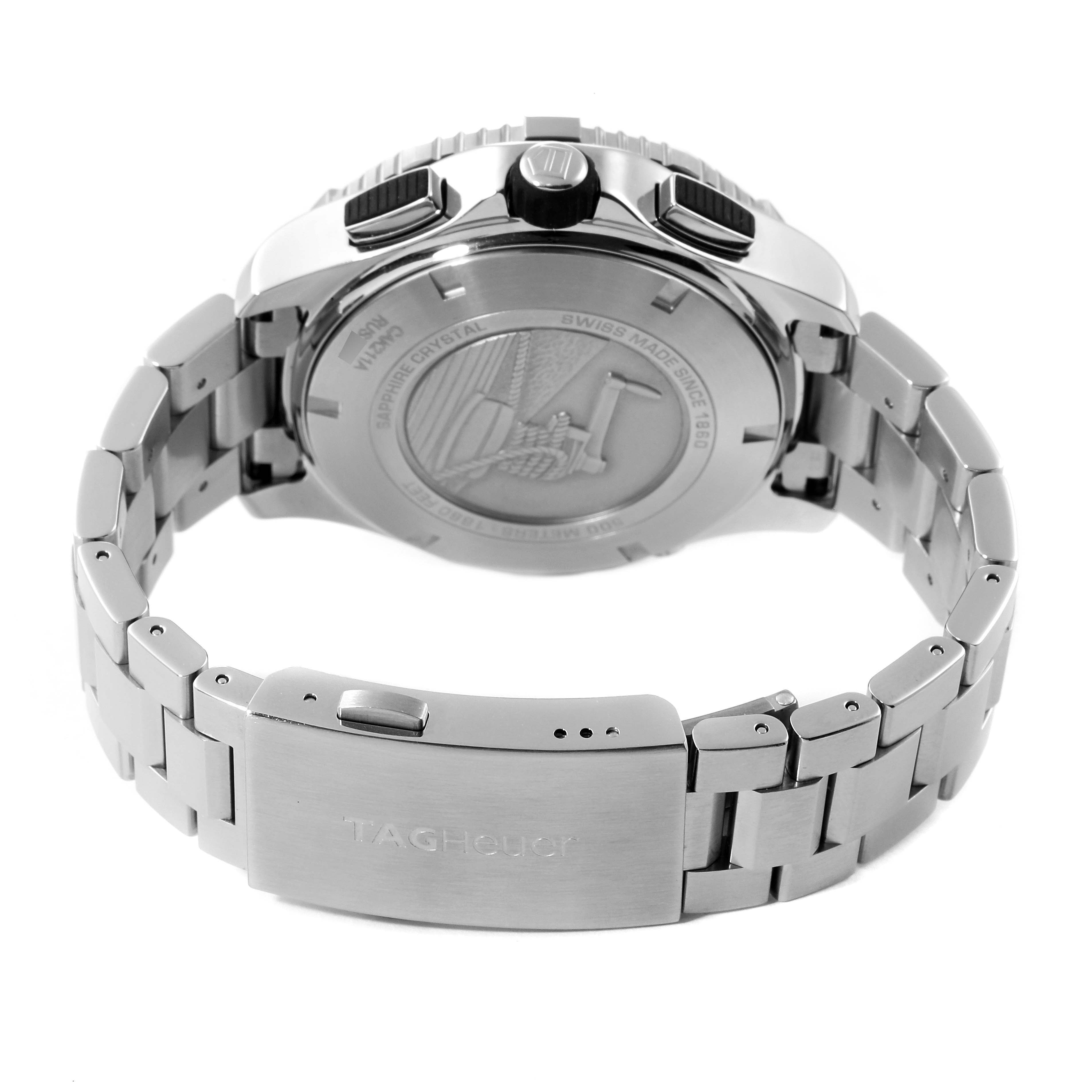 The image shows the rear view of a Tag Heuer Aquaracer CAK211A Men's Stainless Steel Black Dial CAK211A Men's Stainless Steel Black Dial watch, highlighting the case back, bracelet, and clasp.