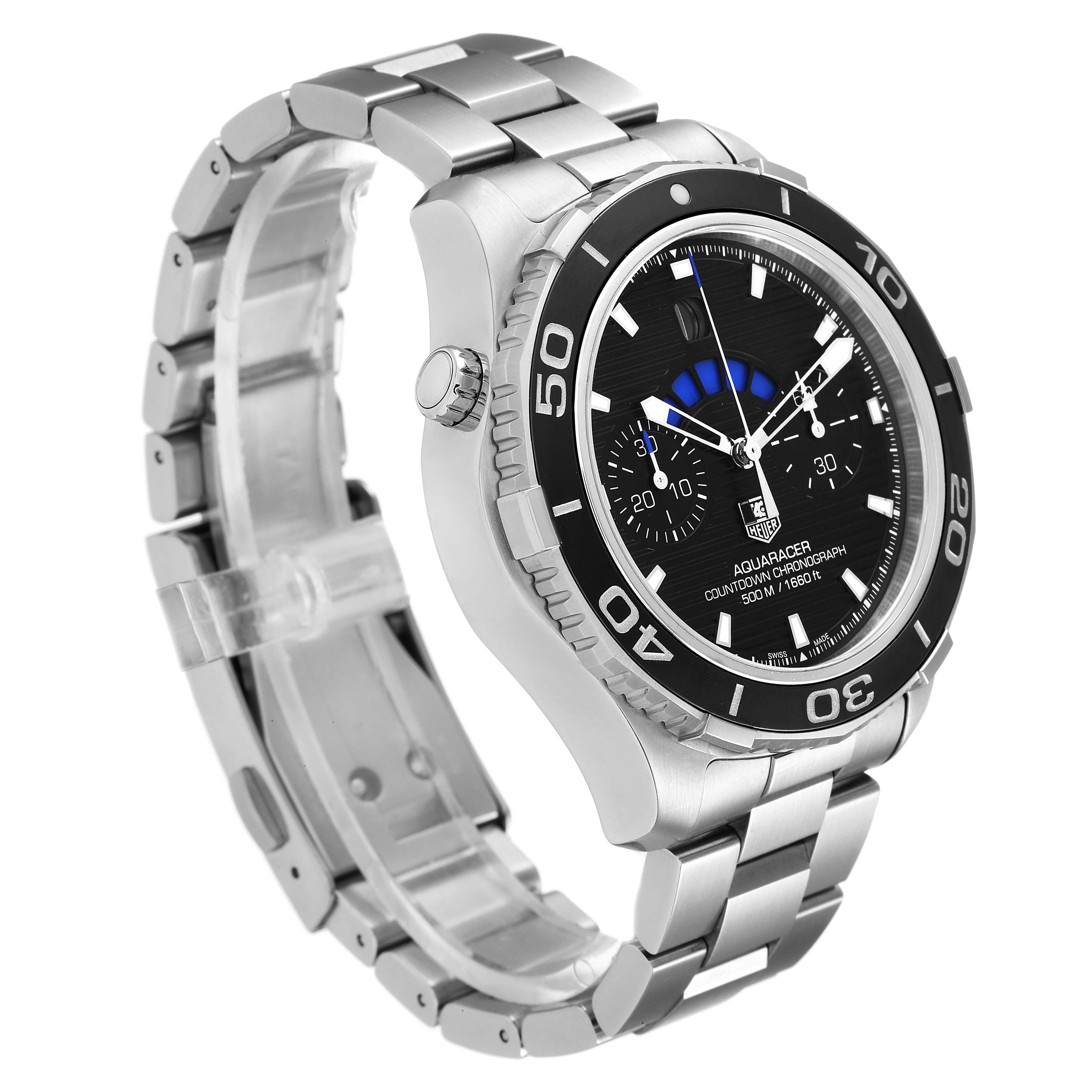 The image shows a side-angle view of a Tag Heuer Aquaracer CAK211A Men's Stainless Steel Black Dial CAK211A Men's Stainless Steel Black Dial watch, highlighting the face, bezel, crown, and stainless steel bracelet.