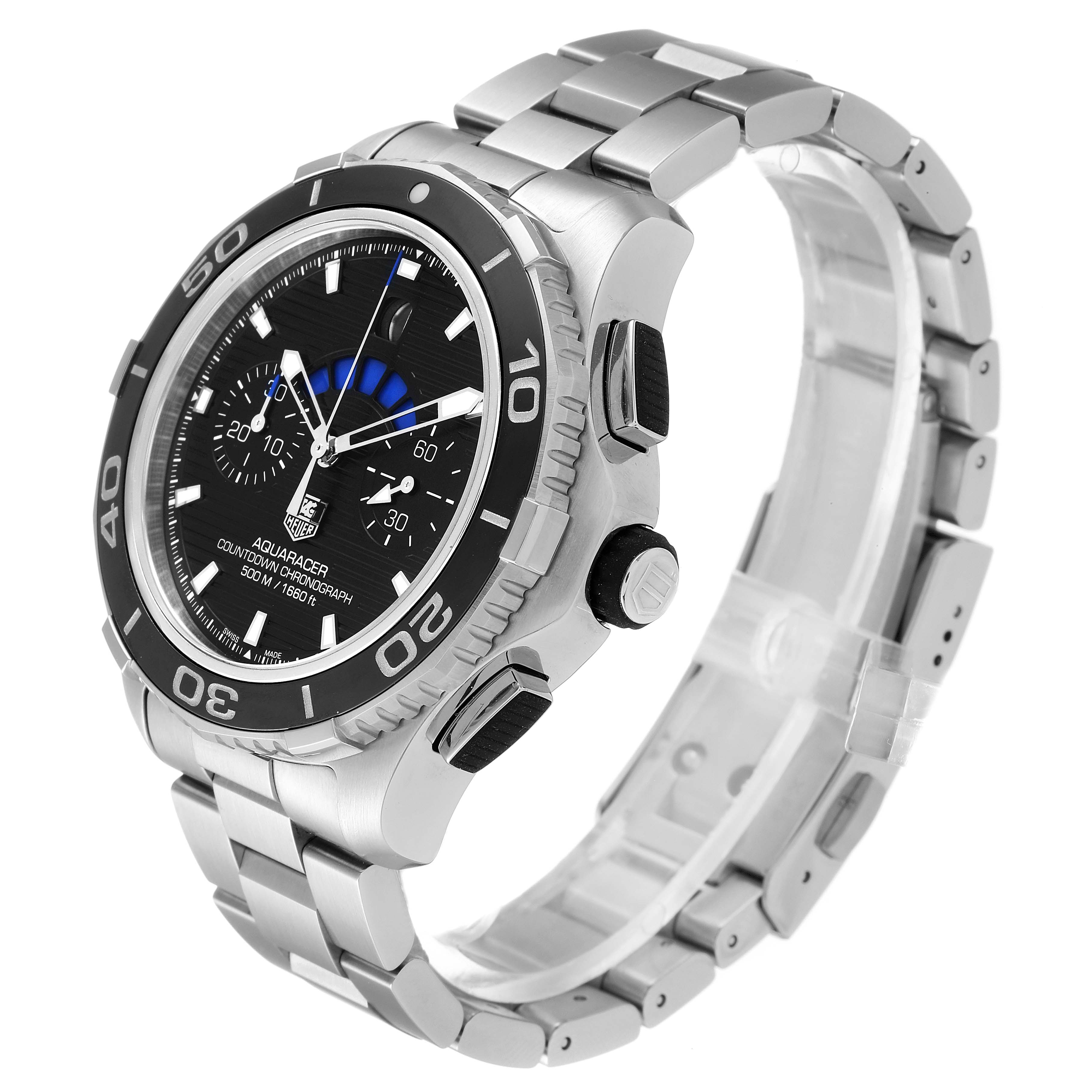 The image shows a side angle of the Tag Heuer Aquaracer CAK211A Men's Stainless Steel Black Dial CAK211A Men's Stainless Steel Black Dial watch, highlighting the dial, bezel, and metal bracelet.
