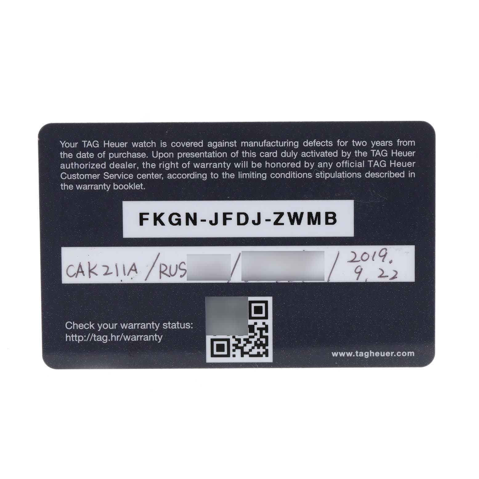 This image shows the warranty card for the Tag Heuer Aquaracer CAK211A Men's Stainless Steel Black Dial CAK211A Men's Stainless Steel Black Dial model, featuring warranty details, a QR code, and model information.