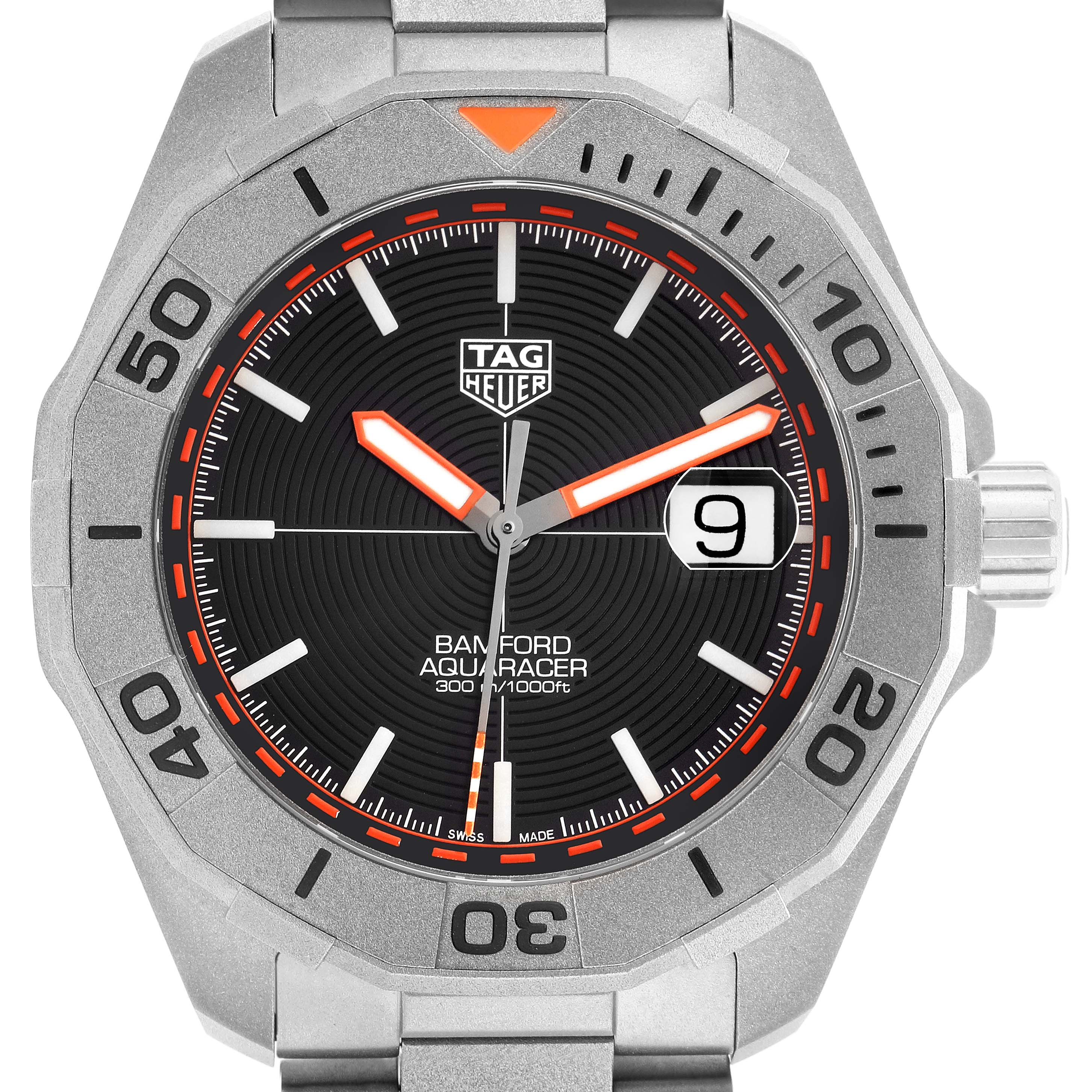 The Tag Heuer Aquaracer WAY208F.BF0638 is shown from the front, highlighting the watch face, bezel, and part of the bracelet.