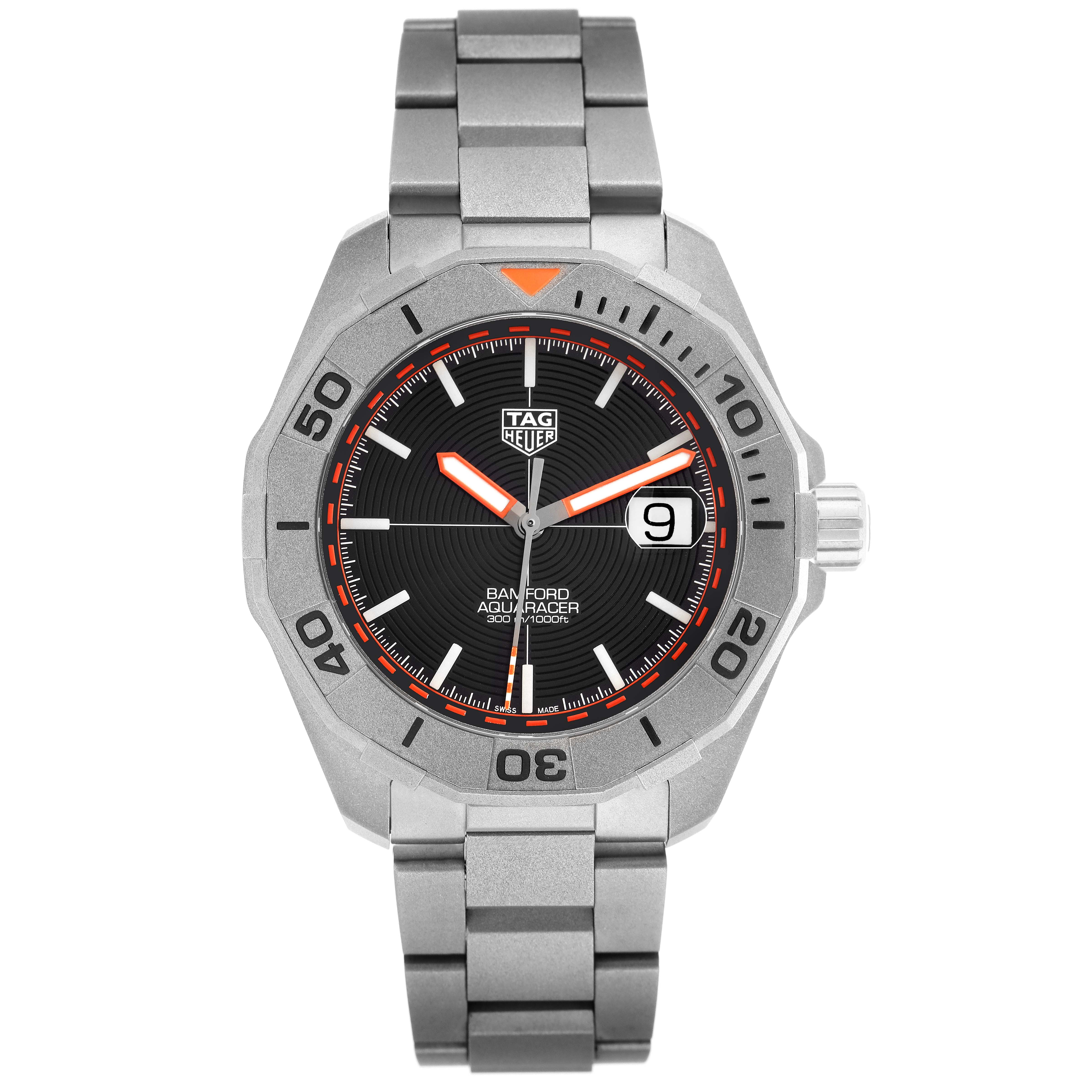 The Tag Heuer Aquaracer model WAY208F.BF0638 is shown from a front angle, displaying its face, bezel, and bracelet clearly.