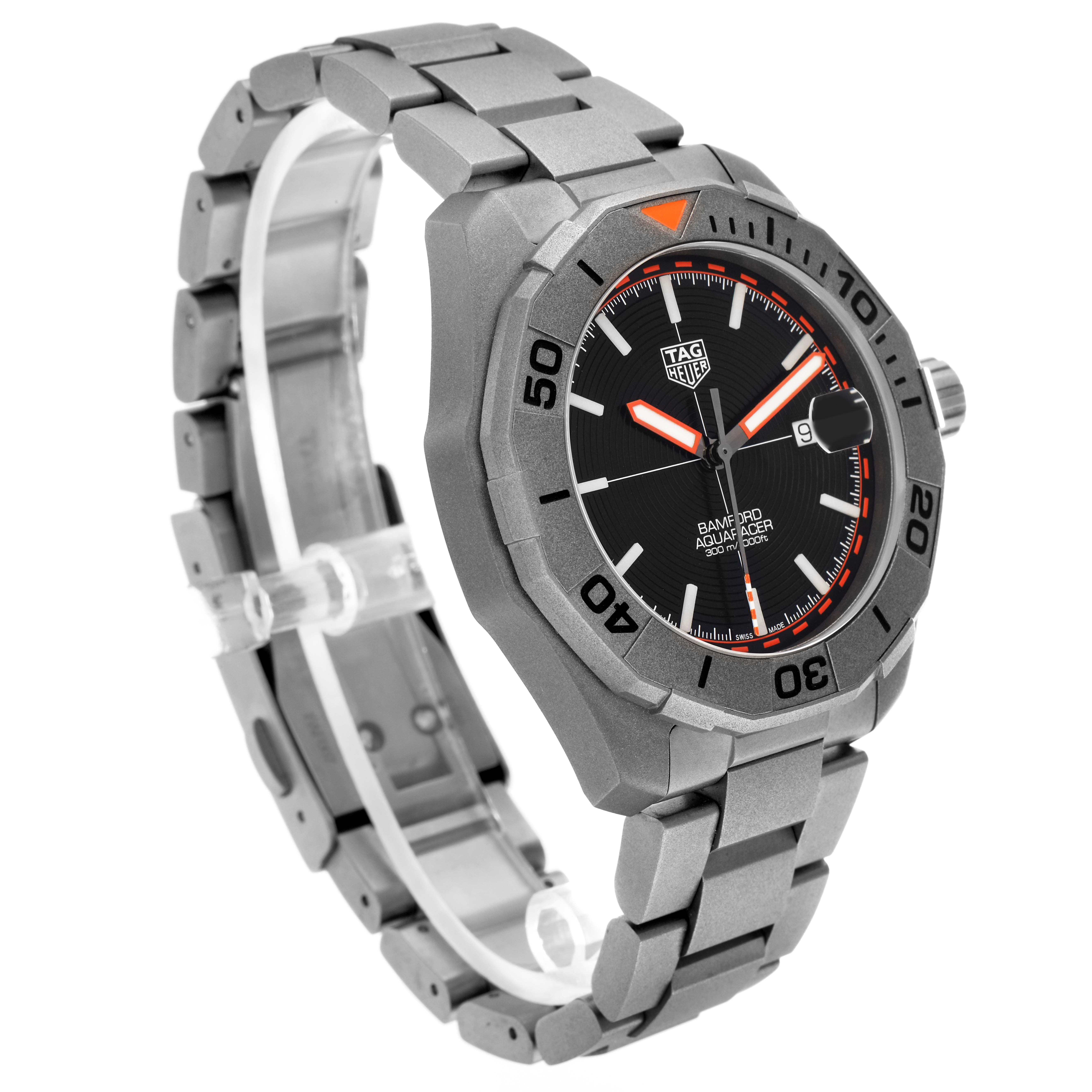 The Tag Heuer Aquaracer WAY208F.BF0638 watch is shown at an oblique angle, highlighting the bezel, dial, luminous hands, and stainless steel bracelet.