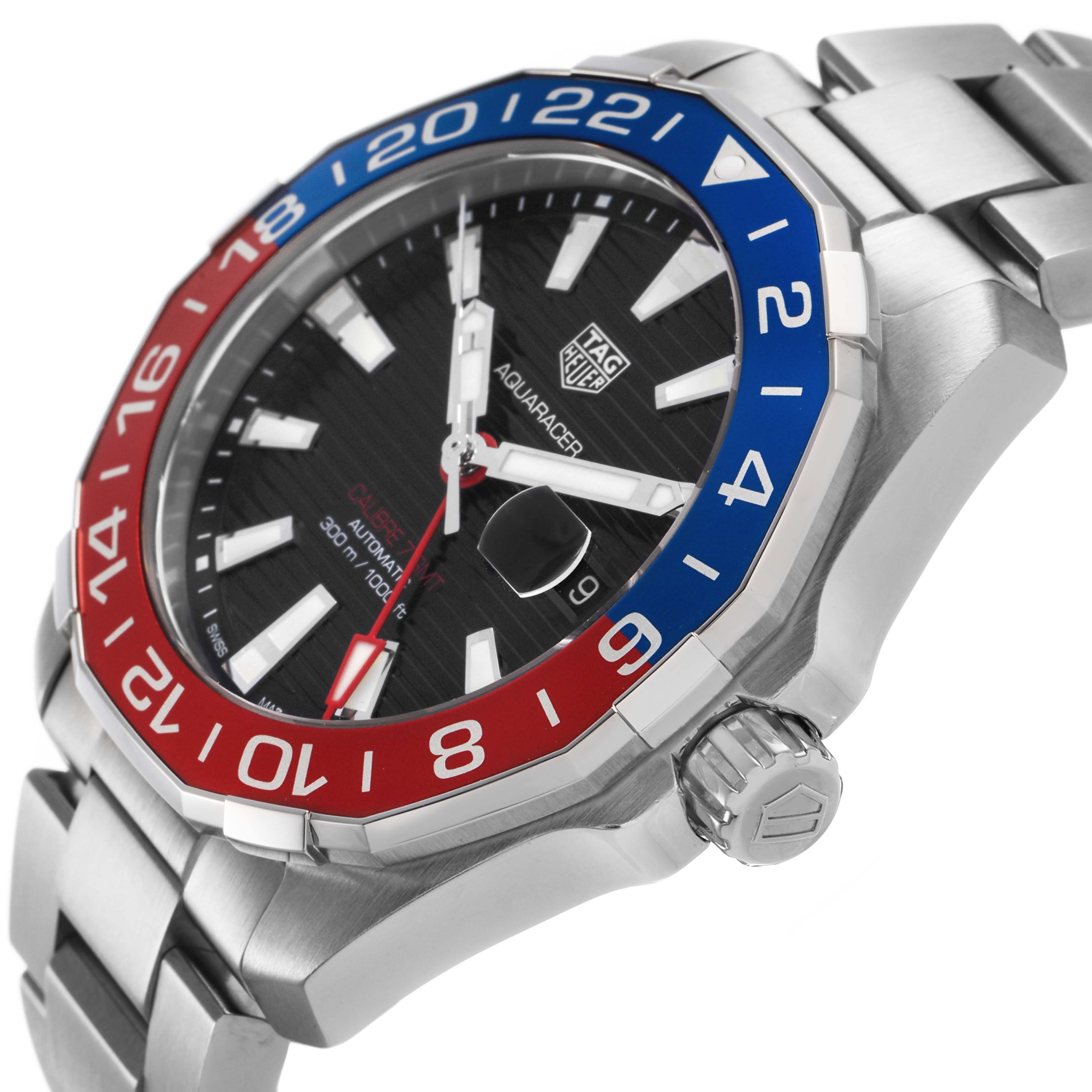 The TAG Heuer Aquaracer watch is shown at an angled view highlighting the bezel, crown, and bracelet.