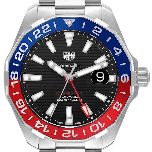 The image shows a front view of the Tag Heuer Aquaracer WAY201F.BA0927 Men's Stainless Steel Black Dial watch, highlighting the bezel, dial, hands, and crown.