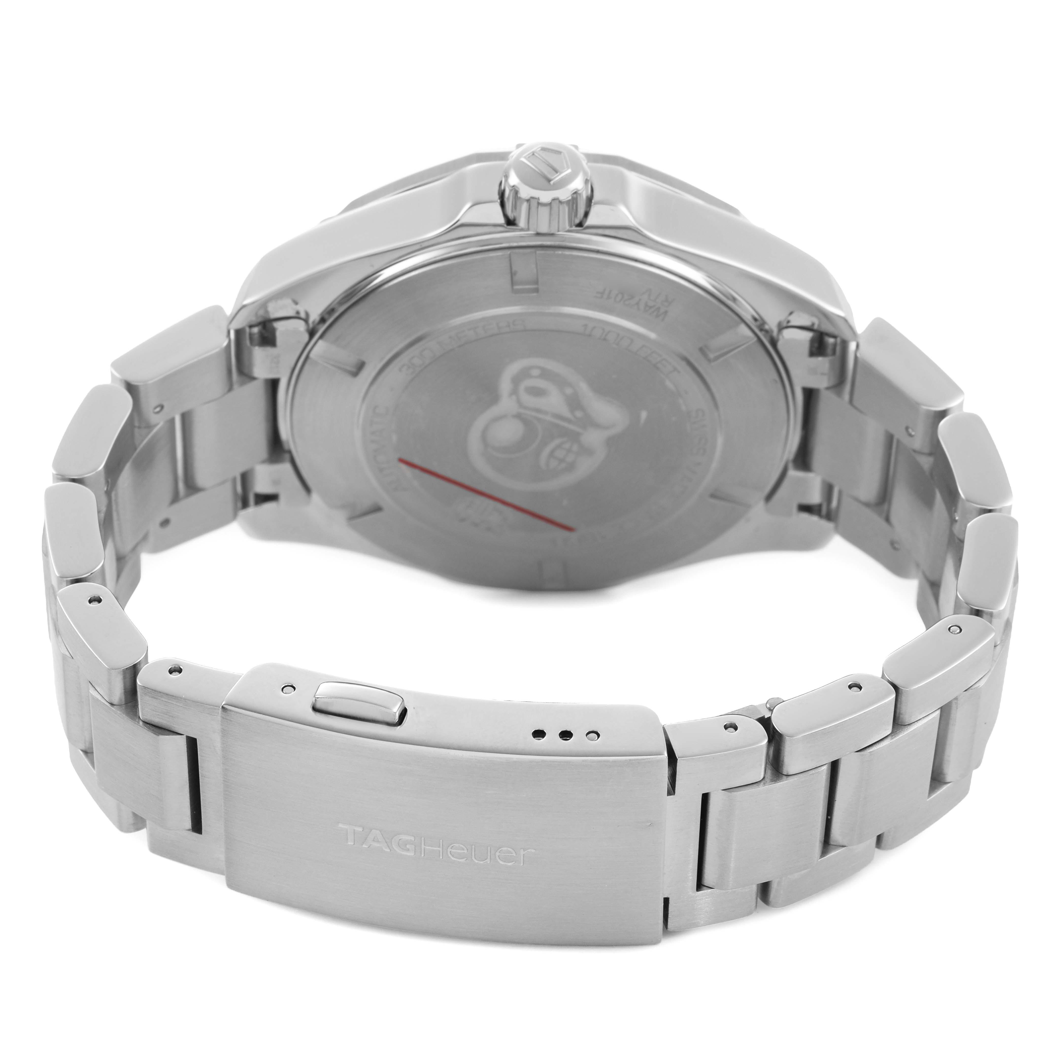 The image shows the back view of a Tag Heuer Aquaracer WAY201F.BA0927 Men's Stainless Steel Black Dial watch, highlighting the case back, crown, and stainless steel bracelet with a clasp.