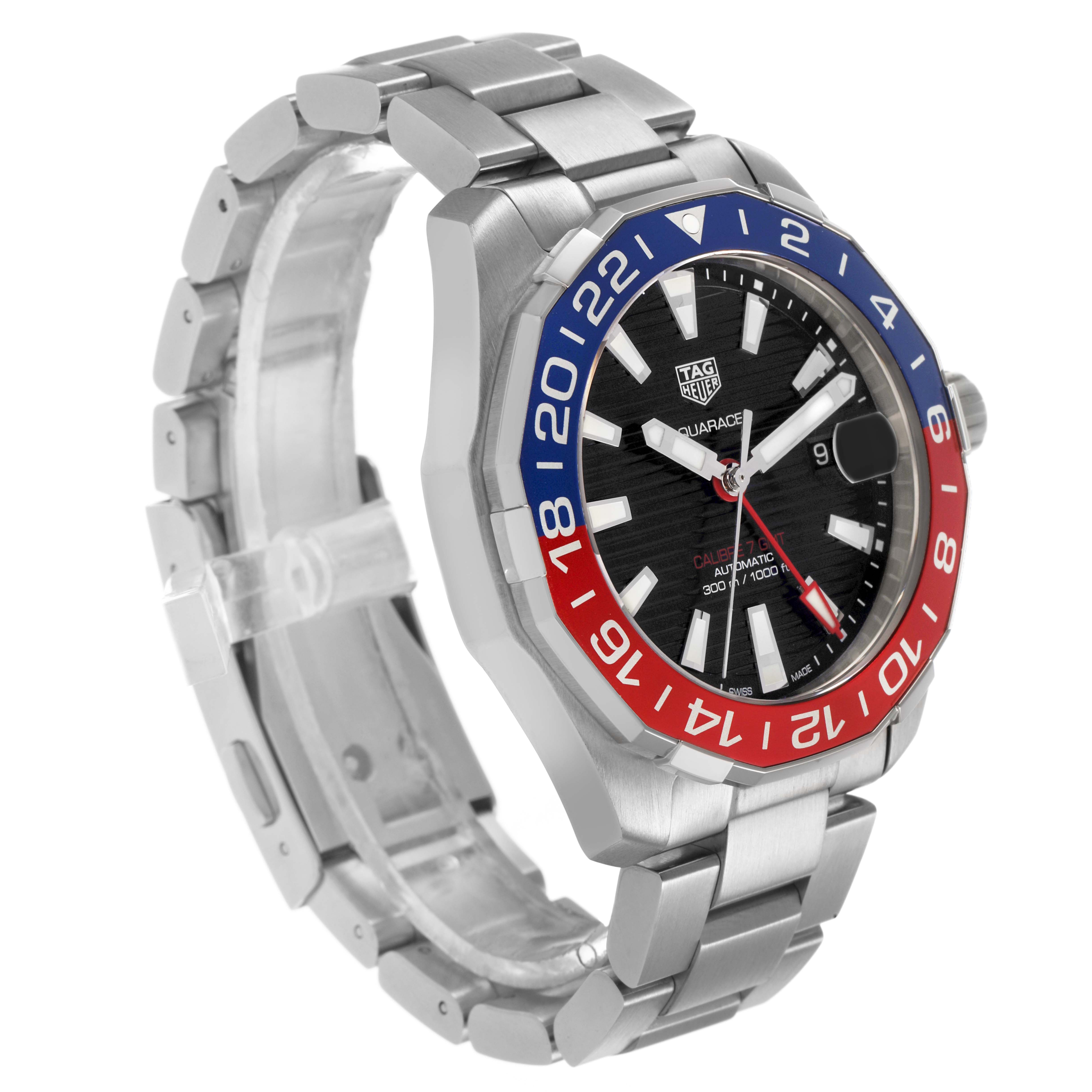 The Tag Heuer Aquaracer WAY201F.BA0927 Men's Stainless Steel Black Dial watch is shown at a three-quarter angle, highlighting the bezel, dial, and bracelet.