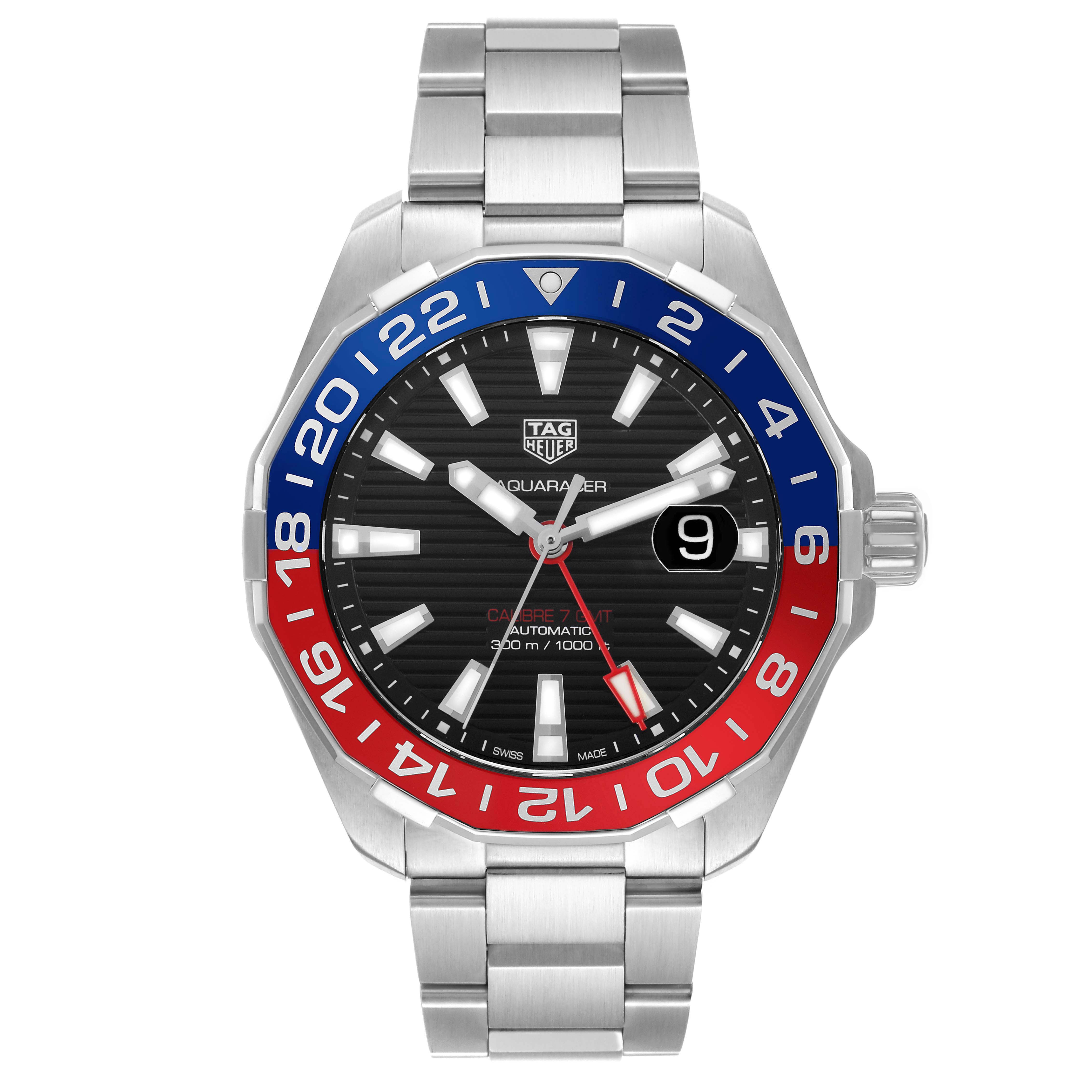 The Tag Heuer Aquaracer WAY201F.BA0927 Men's Stainless Steel Black Dial is shown from a top-down angle, highlighting the bezel, dial, hands, date, and bracelet.