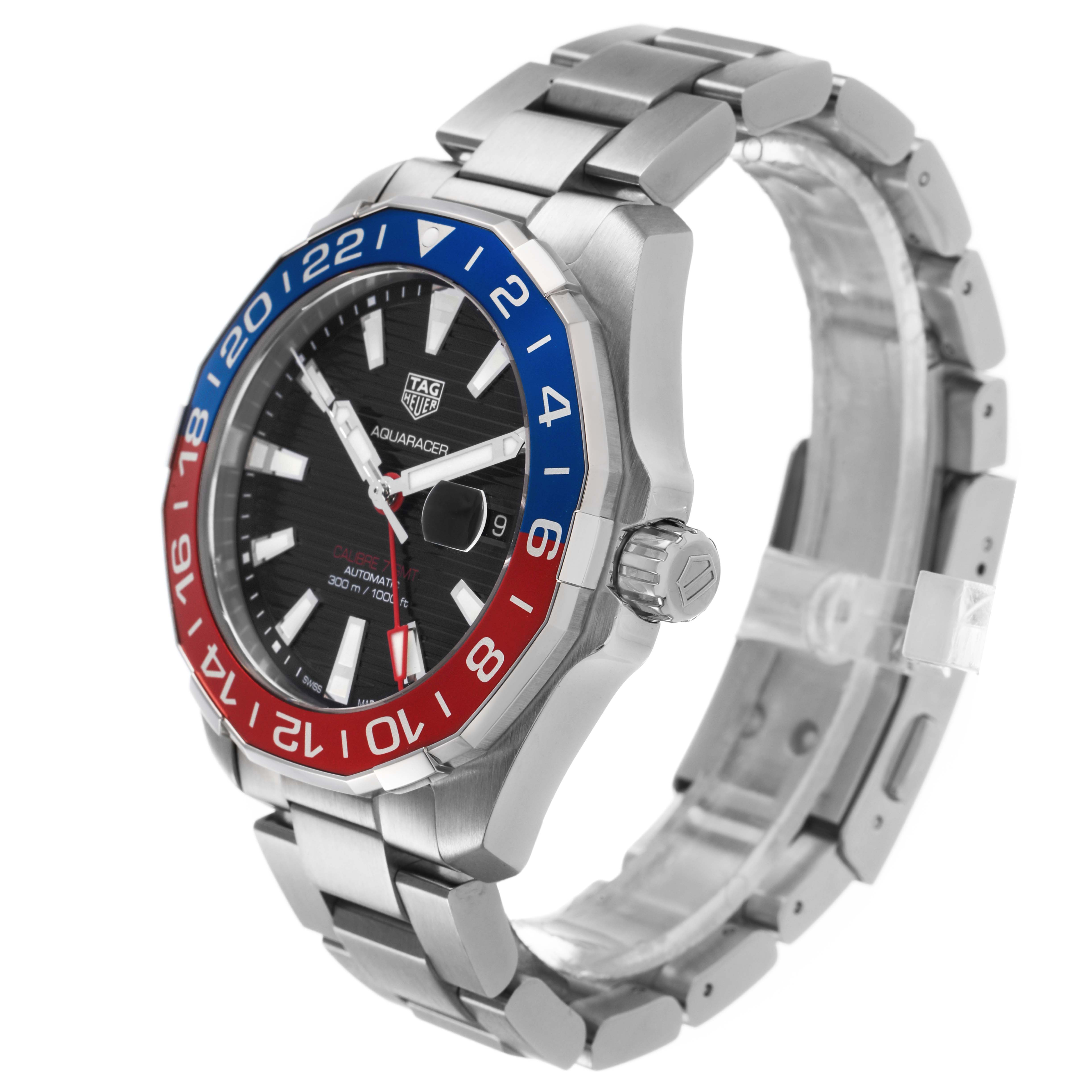 The Tag Heuer Aquaracer WAY201F.BA0927 Men's Stainless Steel Black Dial watch is shown at a three-quarter angle, displaying the bezel, dial, bracelet, and clasp.