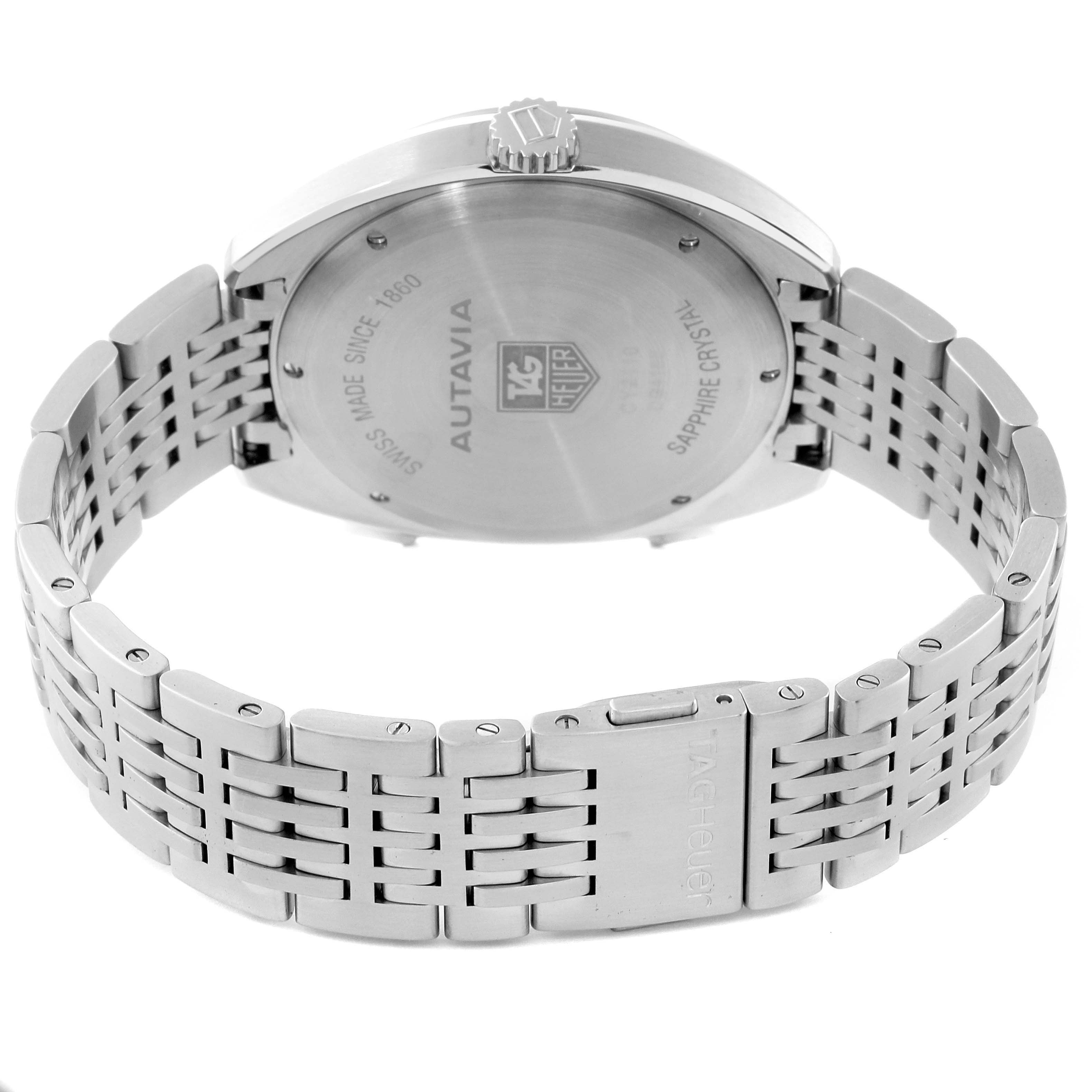 The image shows the back and bracelet of a Tag Heuer Autavia CY2110 Men's Stainless Steel White Dial CY2110 Men's Stainless Steel White Dial watch.