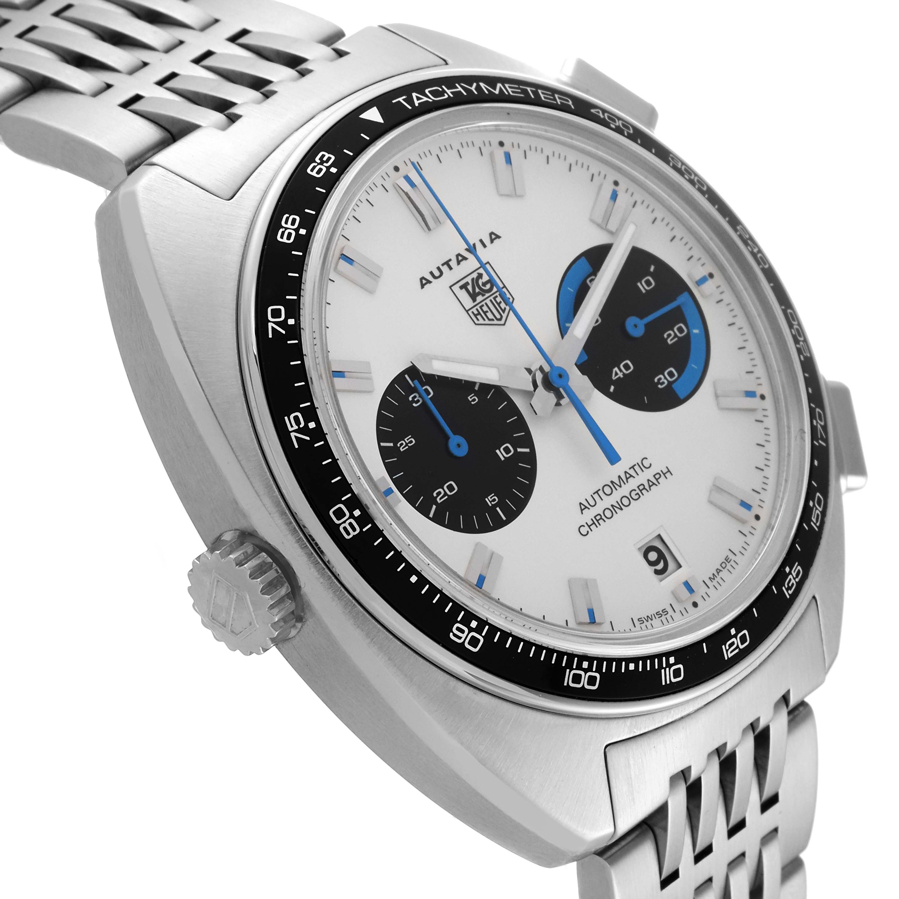 This image shows a close-up angled view of the dial and crown of the Tag Heuer Autavia CY2110 Men's Stainless Steel White Dial CY2110 Men's Stainless Steel White Dial watch, highlighting its tachymeter and chronograph features.