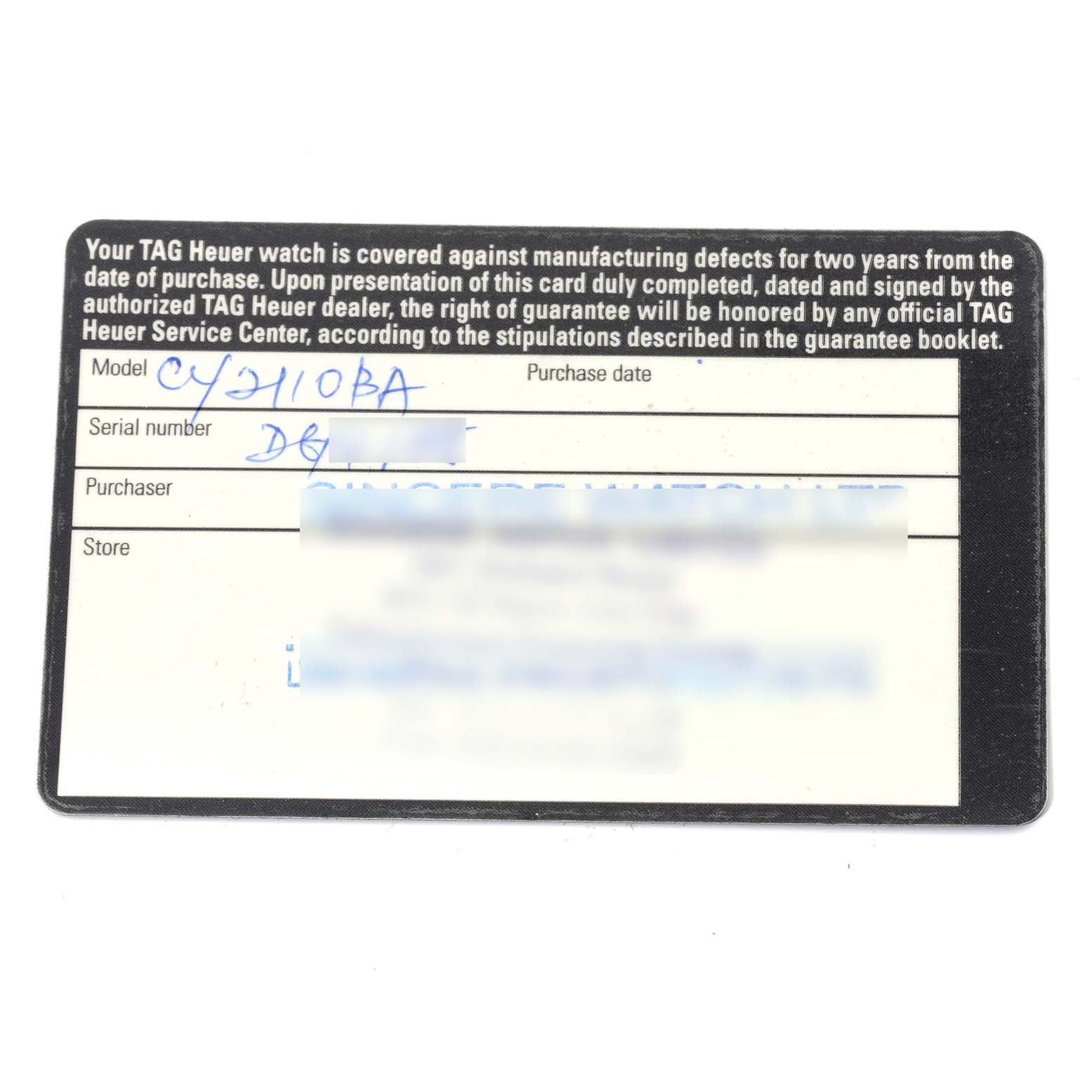 This image shows a warranty card for a Tag Heuer Autavia CY2110 Men's Stainless Steel White Dial CY2110 Men's Stainless Steel White Dial model watch, detailing model, serial number, purchaser, and store information.