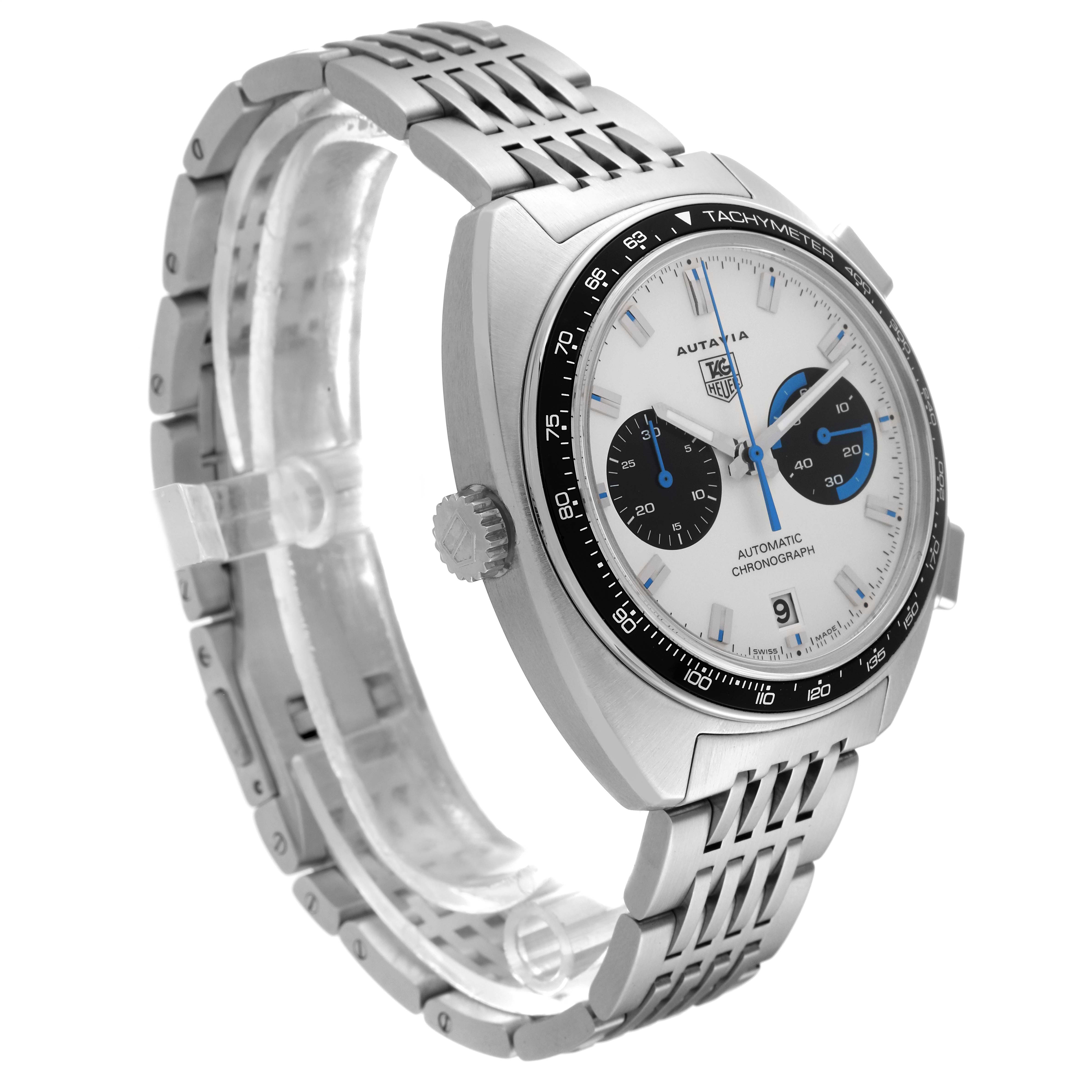 The image shows a side-angle view of a Tag Heuer Autavia CY2110 Men's Stainless Steel White Dial CY2110 Men's Stainless Steel White Dial watch, highlighting its face, bezel, crown, and bracelet.