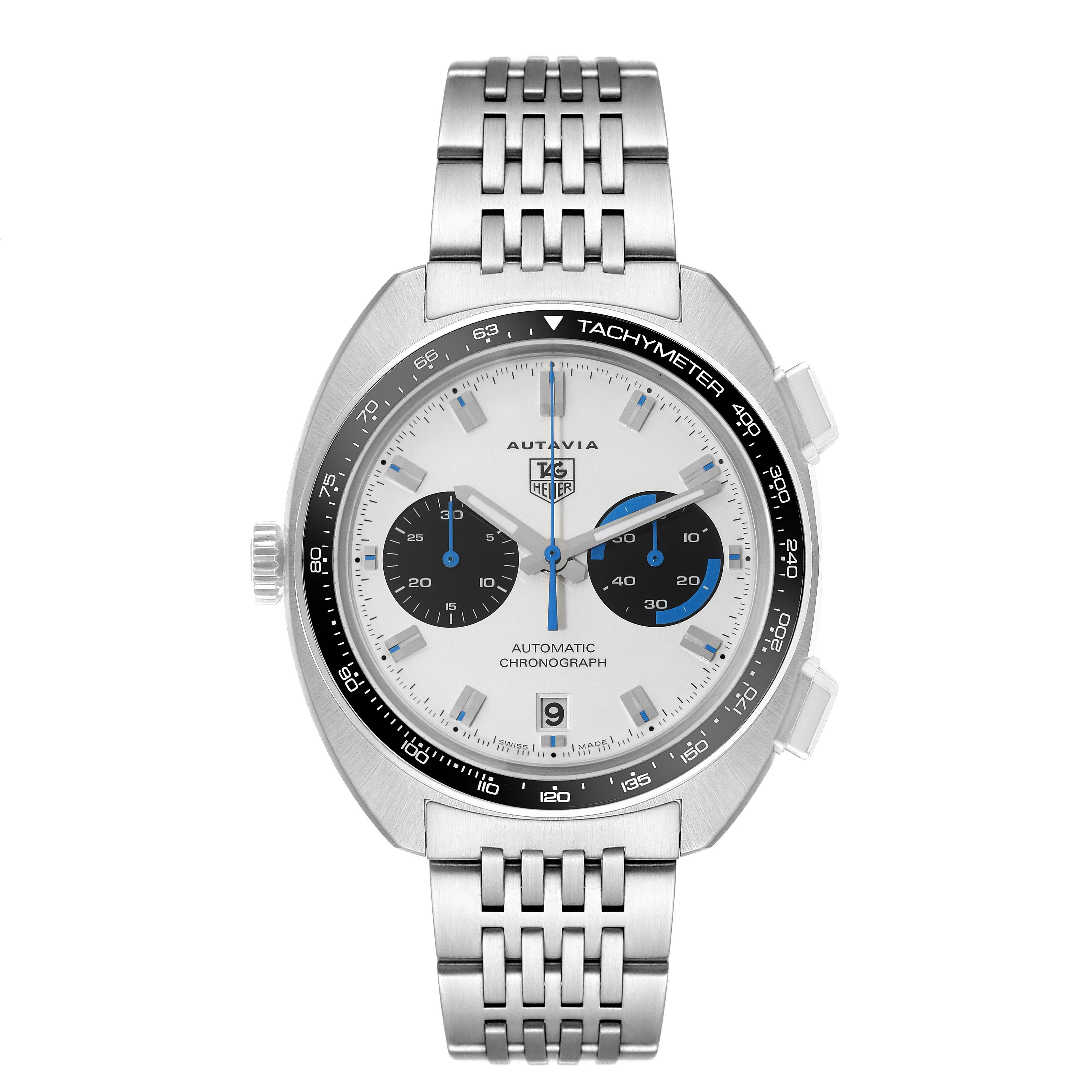 This image shows a front view of the Tag Heuer Autavia CY2110 Men's Stainless Steel White Dial CY2110 Men's Stainless Steel White Dial watch, highlighting the dial, bezel, subdials, and metal bracelet.