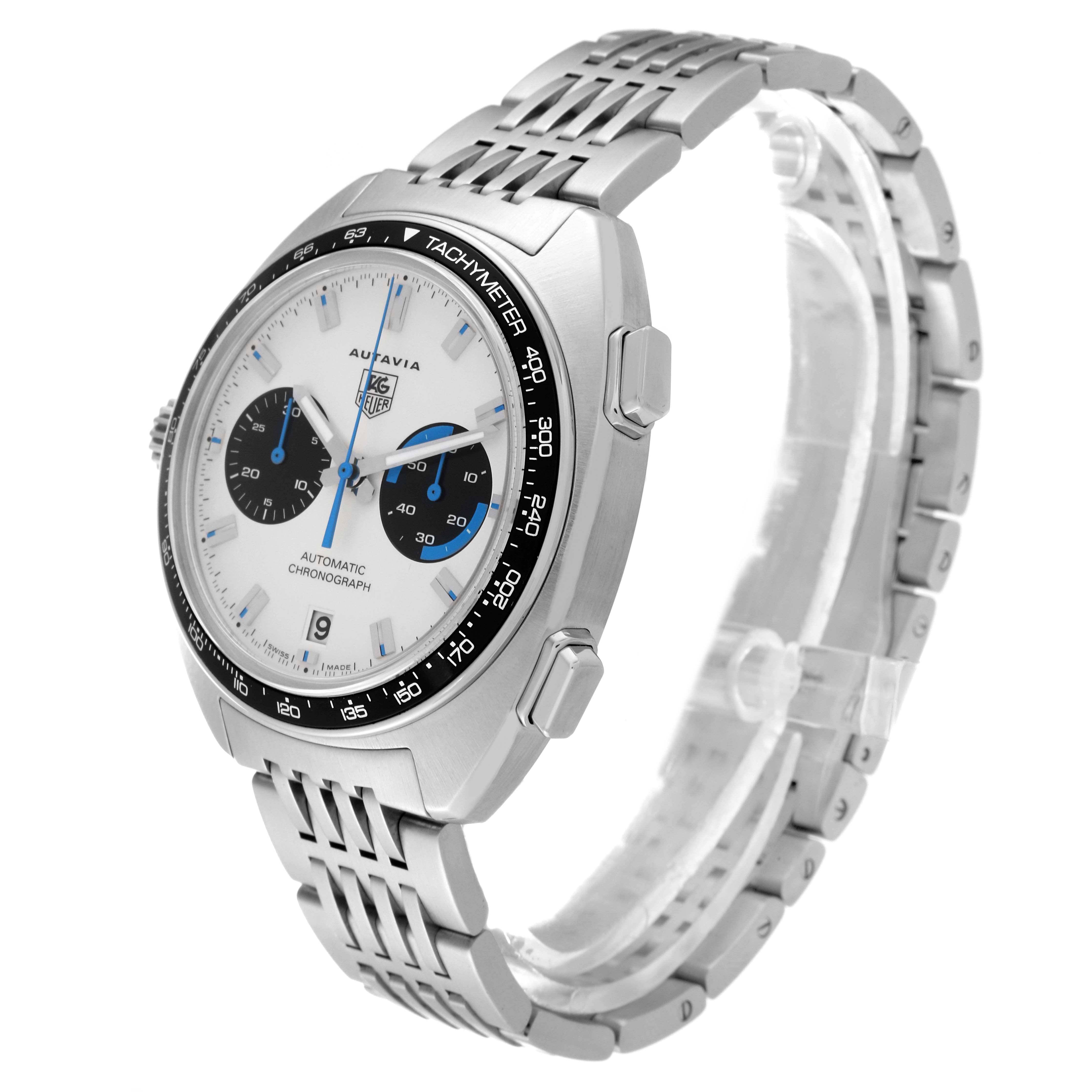 This image shows the Autavia model by Tag Heuer from a left-side angle, highlighting the watch face, case, and bracelet.
