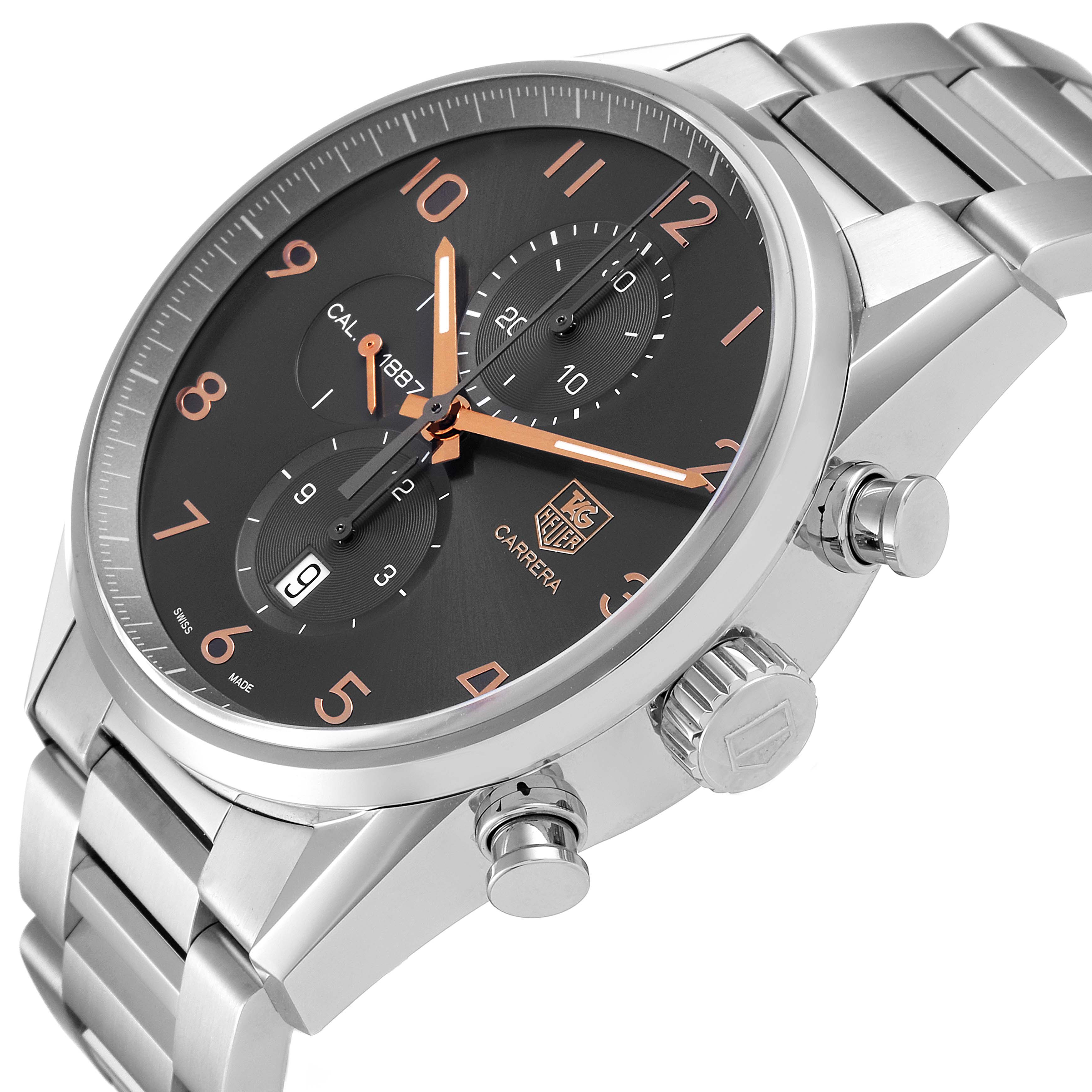 This image shows the Tag Heuer Carrera CAR2013.FC6313 Men
s Stainless Steel Black Dial CAR2013.FC6313 Men
s Stainless Steel Black Dial watch at a slight angle, highlighting the stainless steel bracelet, crown, and chronograph dials.