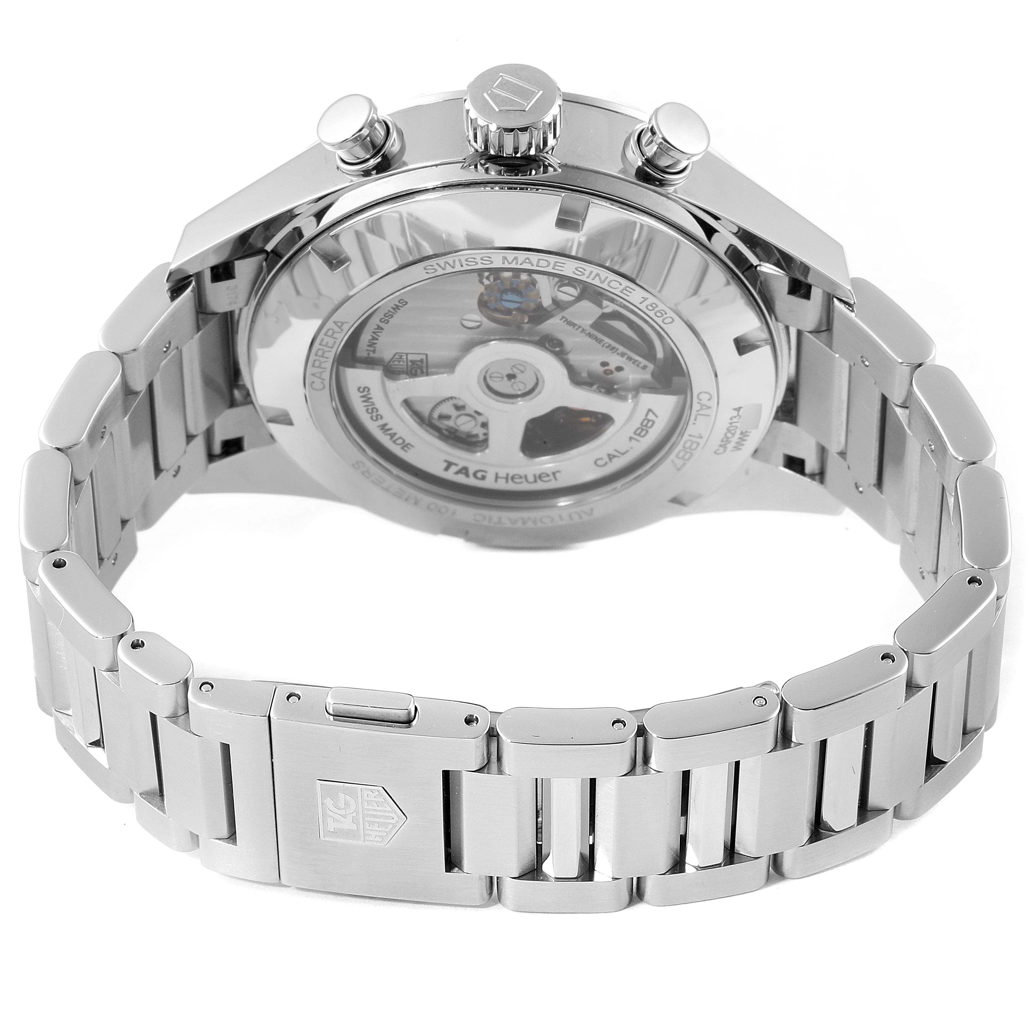 The image shows the back case and bracelet of the Tag Heuer Carrera CAR2013.FC6313 Men
s Stainless Steel Black Dial CAR2013.FC6313 Men
s Stainless Steel Black Dial watch at a slight angle.