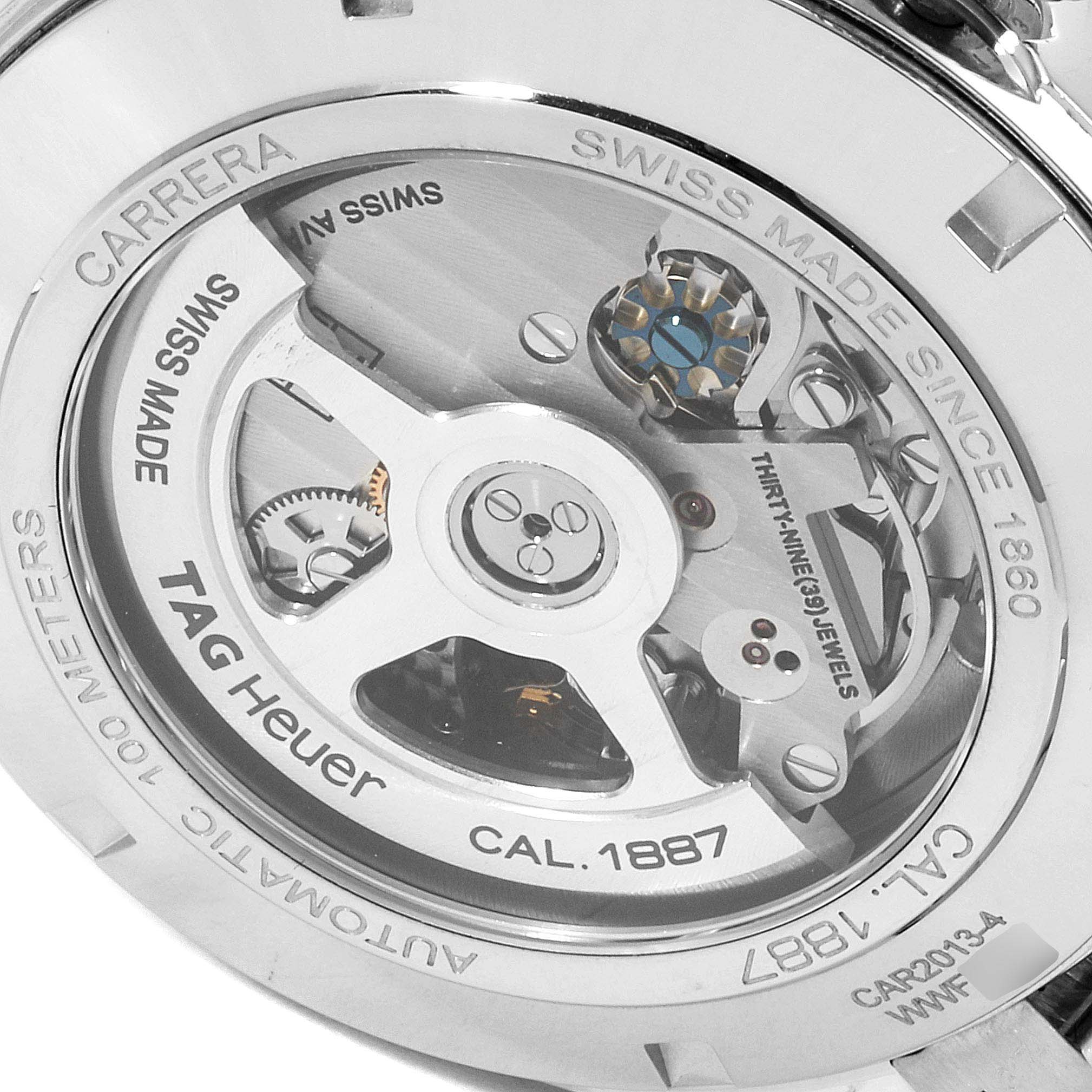The image shows the back of a Tag Heuer Carrera CAR2013.FC6313 Men
s Stainless Steel Black Dial CAR2013.FC6313 Men
s Stainless Steel Black Dial watch, displaying the Cal. 1887 automatic movement.