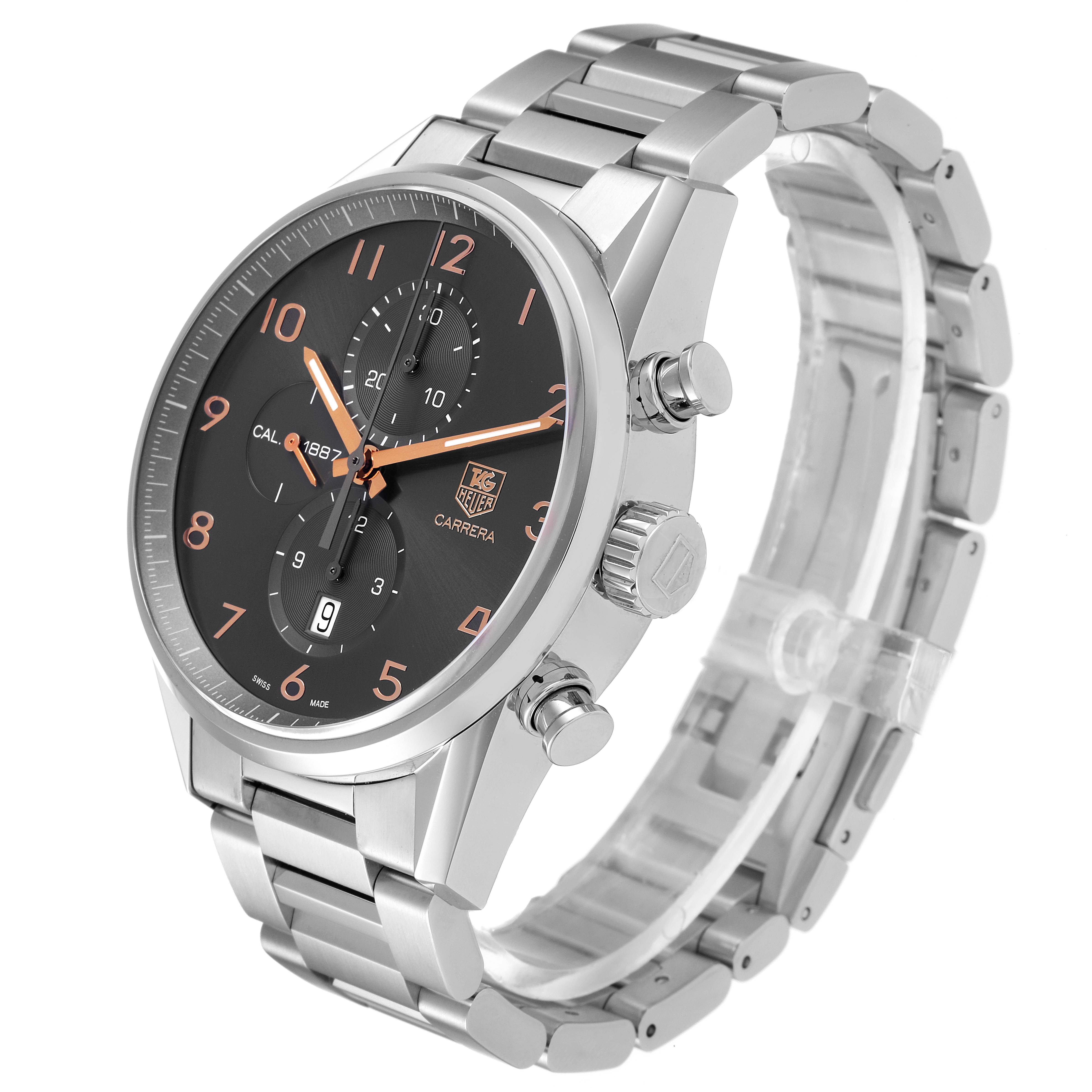 The image shows a side-front angle view of a Tag Heuer Carrera CAR2013.FC6313 Men
s Stainless Steel Black Dial CAR2013.FC6313 Men
s Stainless Steel Black Dial watch, highlighting its dial, crown, and metal bracelet.